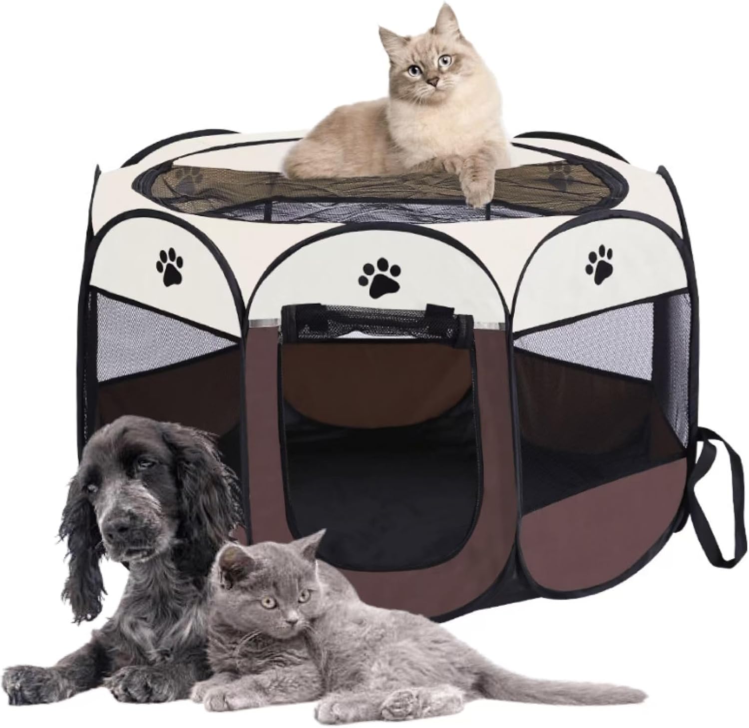Octagonal Foldable Pet Playpen Tent with Floor – Portable Pop-Up Cat & Dog Kennel, 7 Colors, 3 Sizes (S/M/L) Indoor & Outdoor Puppy Exercise Pen with Mesh Windows & Zipper Doors (Coffee, M, 8 Panels)