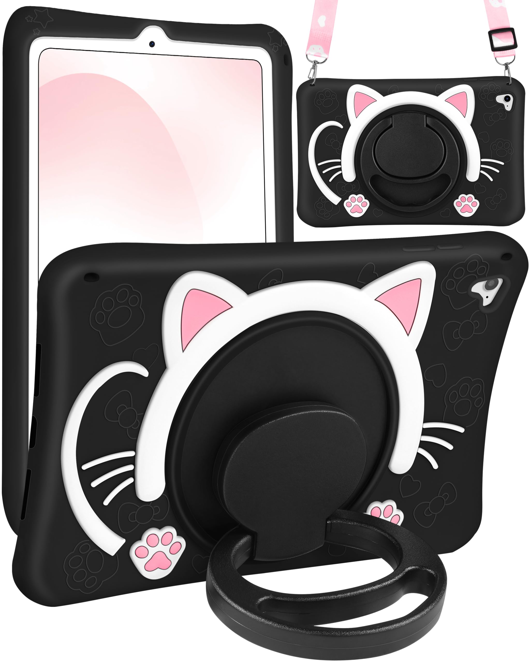 for iPad 6th Generation/Air 2/ Pro 9.7 Inch Case Girls Cute Black Cat Cover Girly Kawaii with Rotating Handle Stand & Strap Silicone Funda for iPad Cases 6th Gen/Air2/Pro 9.7”