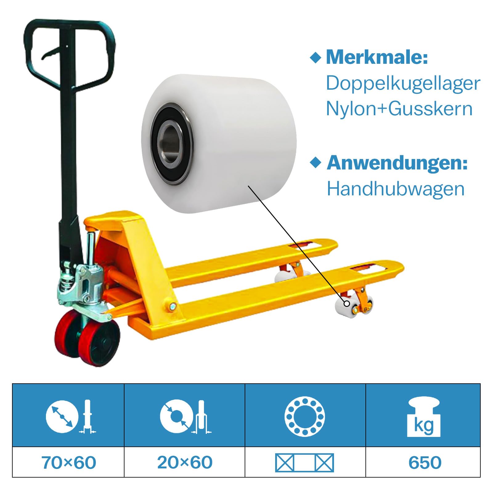 4 szt. kółek do wózka podnośnikowego maks. 650 kg na kółka, 70 x 60 mm z łożyskiem kulkowym, oś 20 mm, poliuretan, kółka do wózka podnośnikowego, zapasowe kółka do wózka widłowego