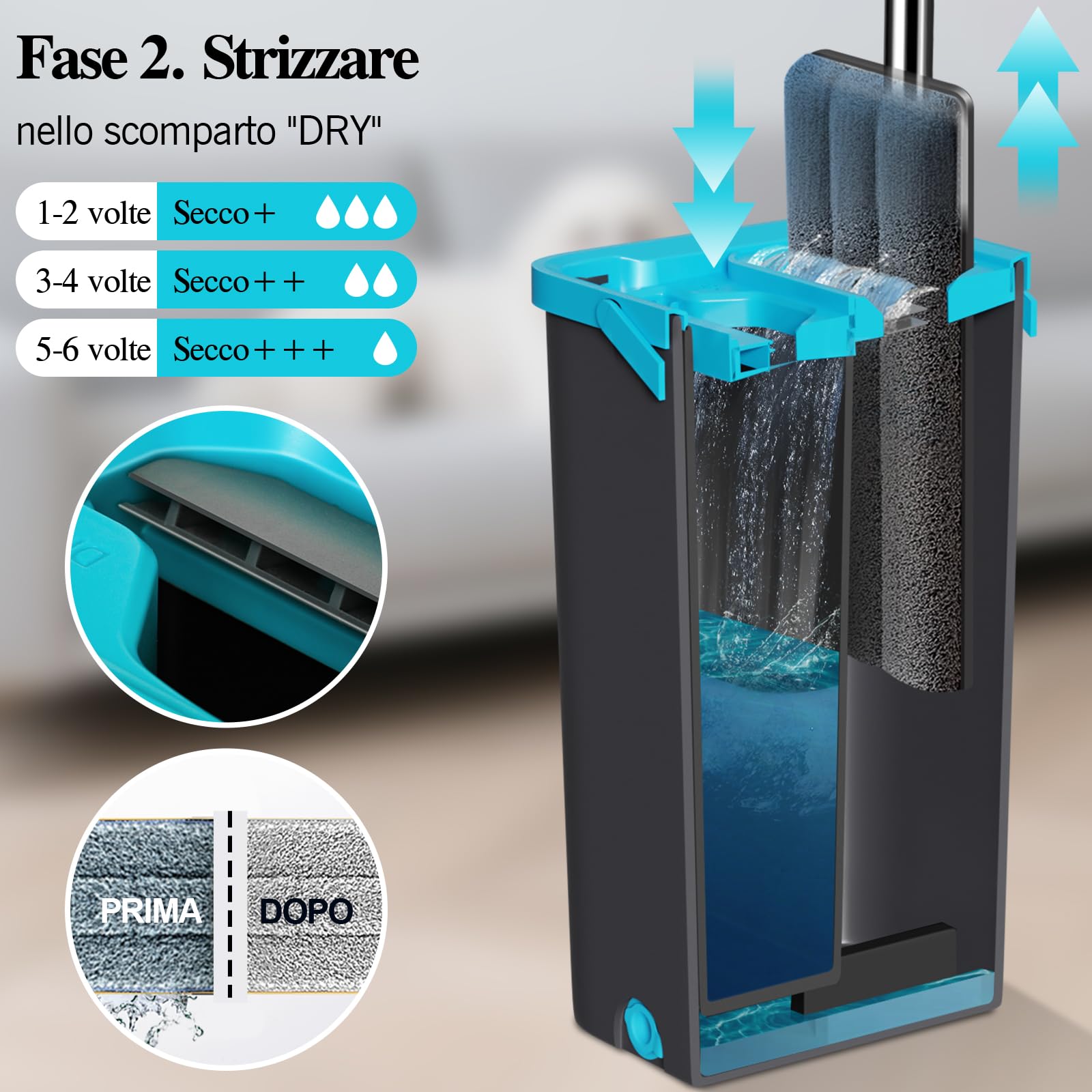 MASTERTOP Mocio Piatto e Secchio Strizzatore, Mocio Rotante a 360° e Secchio Autolavaggio, Mop Lavapavimenti a Mani Libere in Microfibra, con 6 Tamponi Riutilizzabili (Grigio scuro)