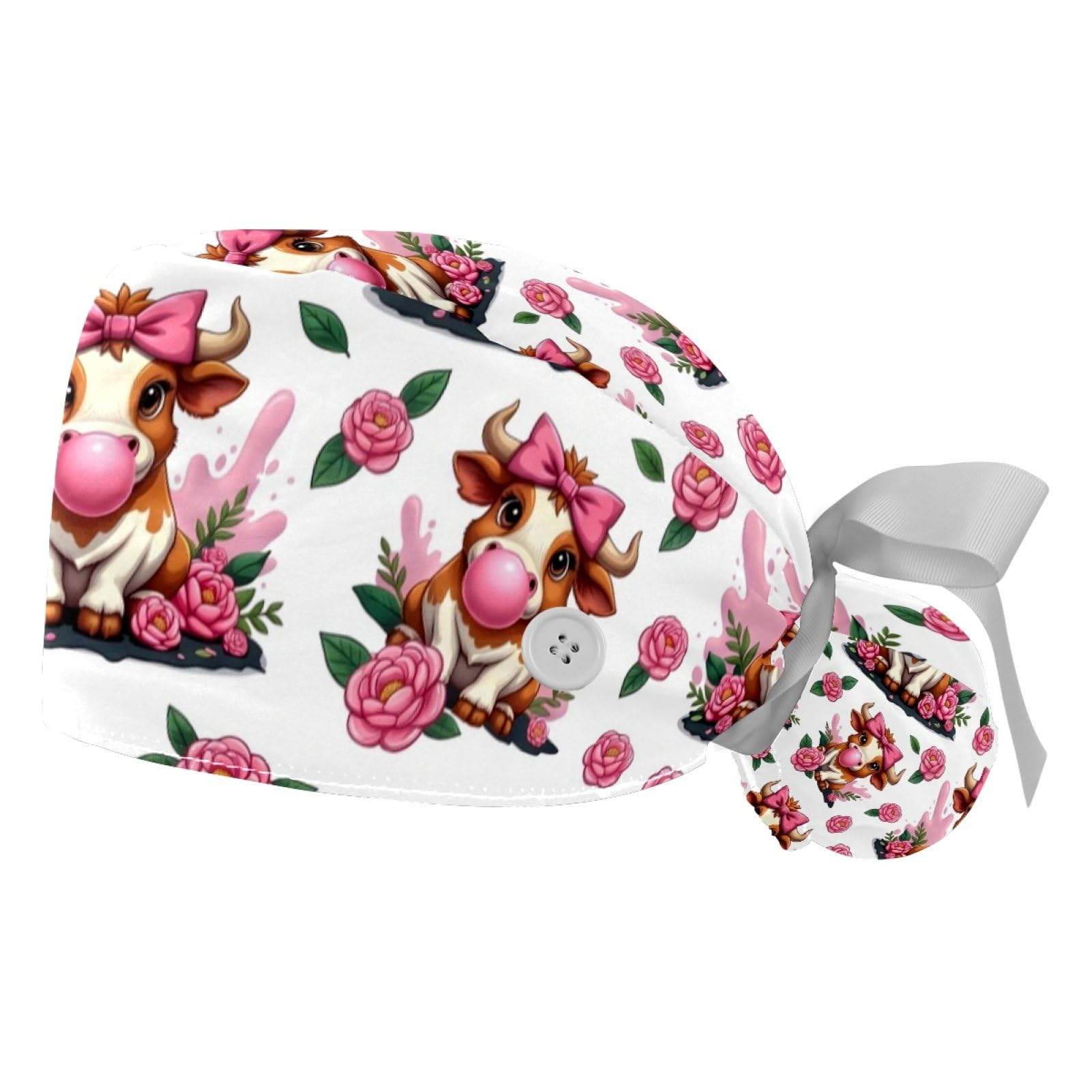2 PCS Bouffant Cap with Button Ponytail Pouch Working Cap Sweatband Adjustable Surgical Cap Black and White Cow
