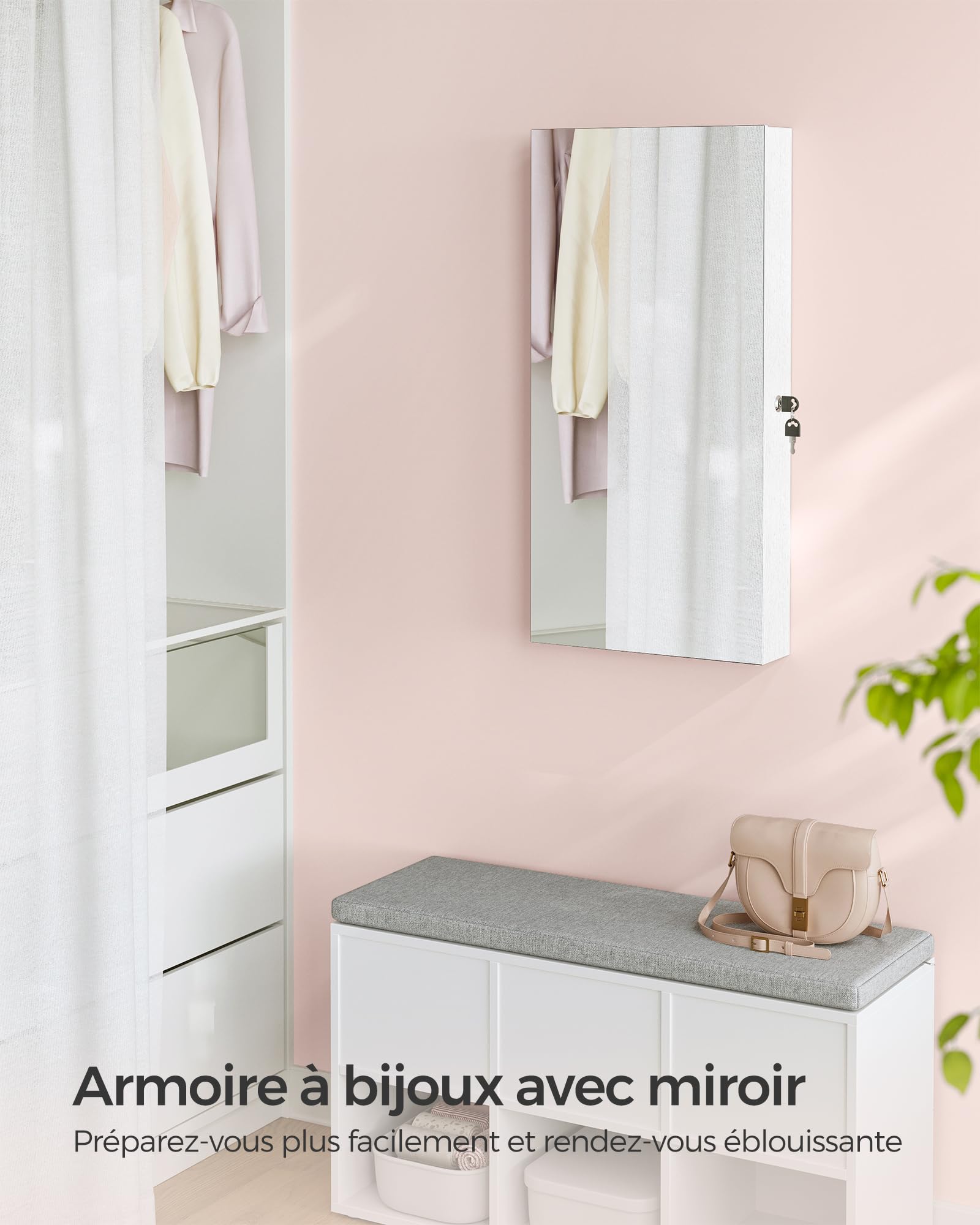 SONGMICS Armoire à Bijoux Miroir avec Éclairage LED Intégré, Rangement pour Bijoux Mural ou à Suspendre sur Une Porte, Armoire Miroir Suspendue 9,7 x 37 x 67 cm, Blanc JJC050W01