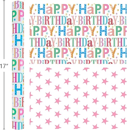 Miniatura 7 de Homeral Rollo de papel de regalo de cumpleaños, letras coloridas de feliz cumpleaños con brillo metálico y estrellas rosadas, envoltura de regalo