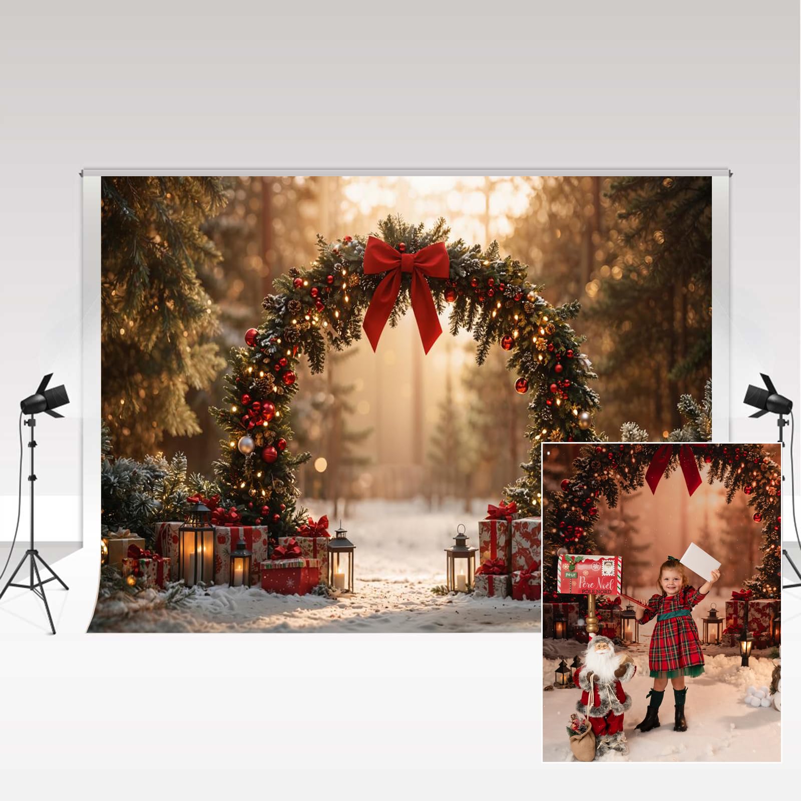 Fondali fotografici natalizi Kate 3x2.5m/10x8piedi Inverno Arco natalizio Arco Foresta Illuminata dal sole Sfondo regali Compleanno per bambini Ritratto di famiglia Sfondo fotografico