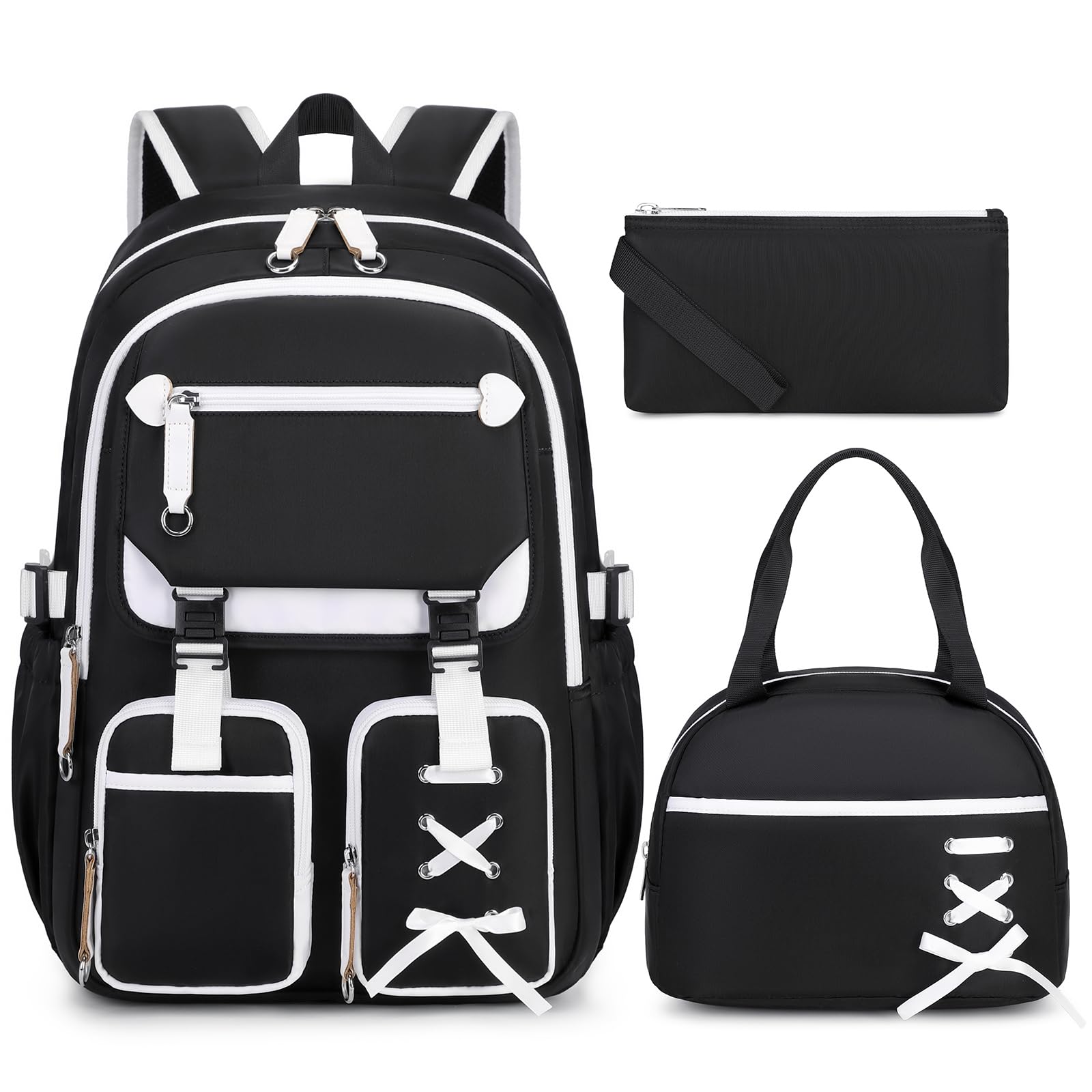 Tanou Cartable Fille Primaire Sac a Dos College, 3 Pièces Sac d'école Décontracté pour Filles avec Sac repas et Trousses, Élégants Cartable Adolescente Casual Daypack
