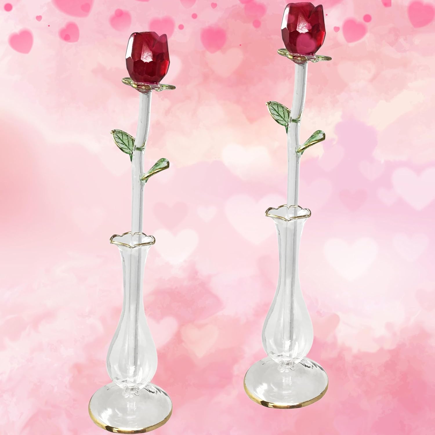 Crystal Red Roses with Bud Vases - I Love You - Sweetheart Wife Girlfriend - Birthday Mother's Day Christmas Anniversary Love Gift - Each Measures 8.5" H - Set of 2