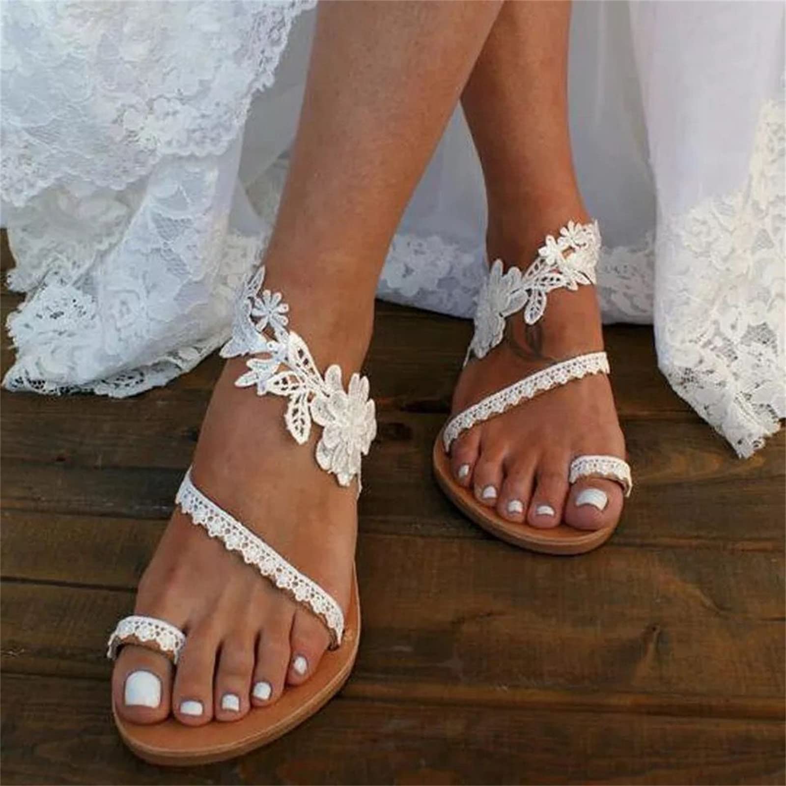 DOIX Summer Women Sandals Bohemia Style Lace Flowers Flat Beach Shoes Roman Wedding Evening Party Flip Flops Slip on Casual Thong Dress Sandals,White,US11/EU42