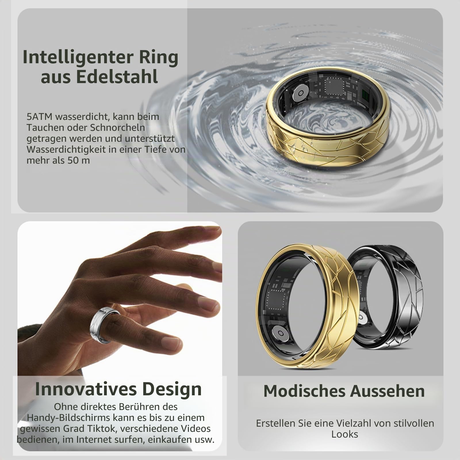 Smart Ring Smartringe für Herren Damen Fitnessring Schrittzähler Schlaf Ring Herzfrequenz Fitness Tracker Ring Kalorien Health Sport Smart Ring Android iOS Gesundheitsring Pulsmesser Größe 11