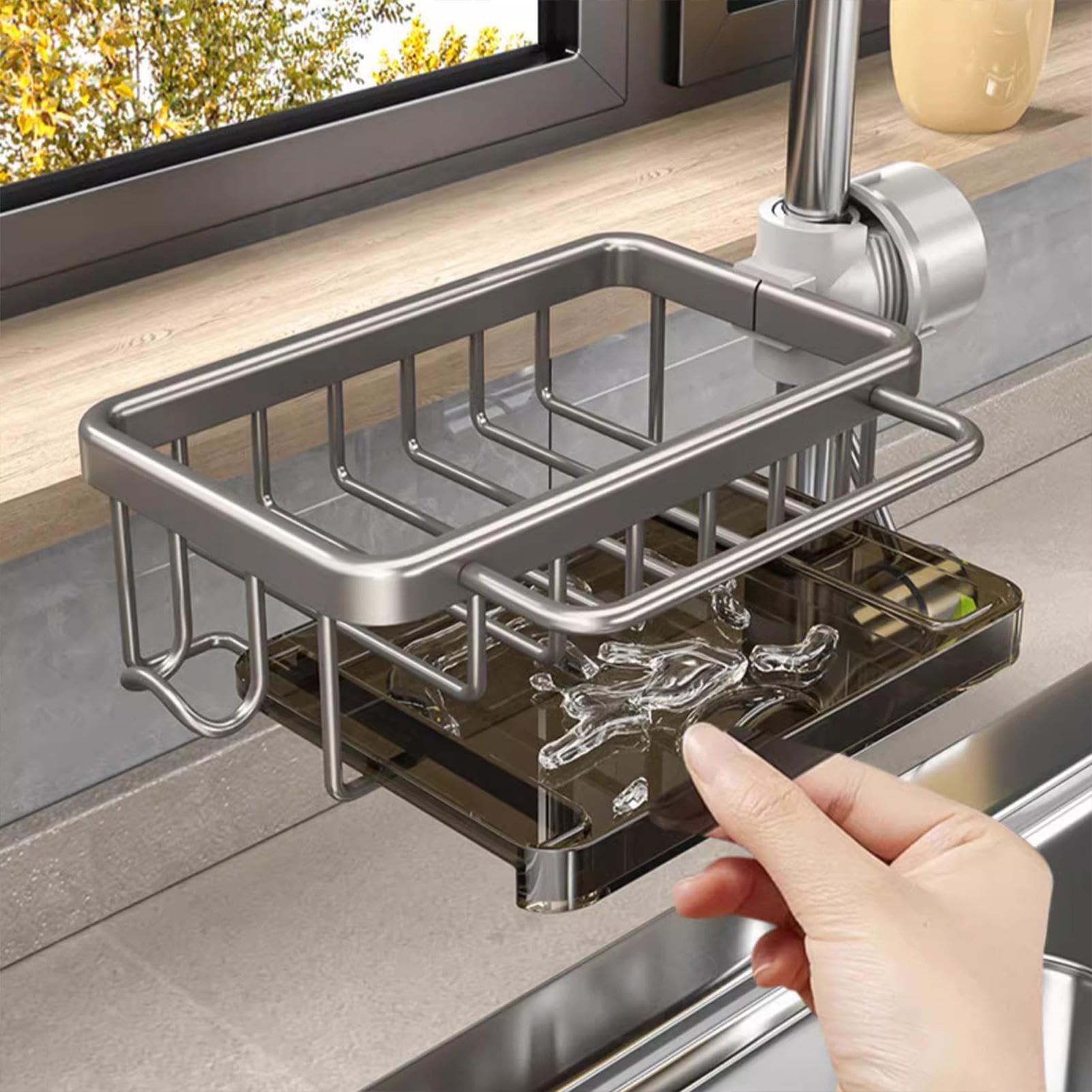 Porte-éponge Multifonctionnel en Aluminium pour évier de Cuisine, Rangement pour ustensiles, égouttoir à éponges et brosses, et Support pour éponges.