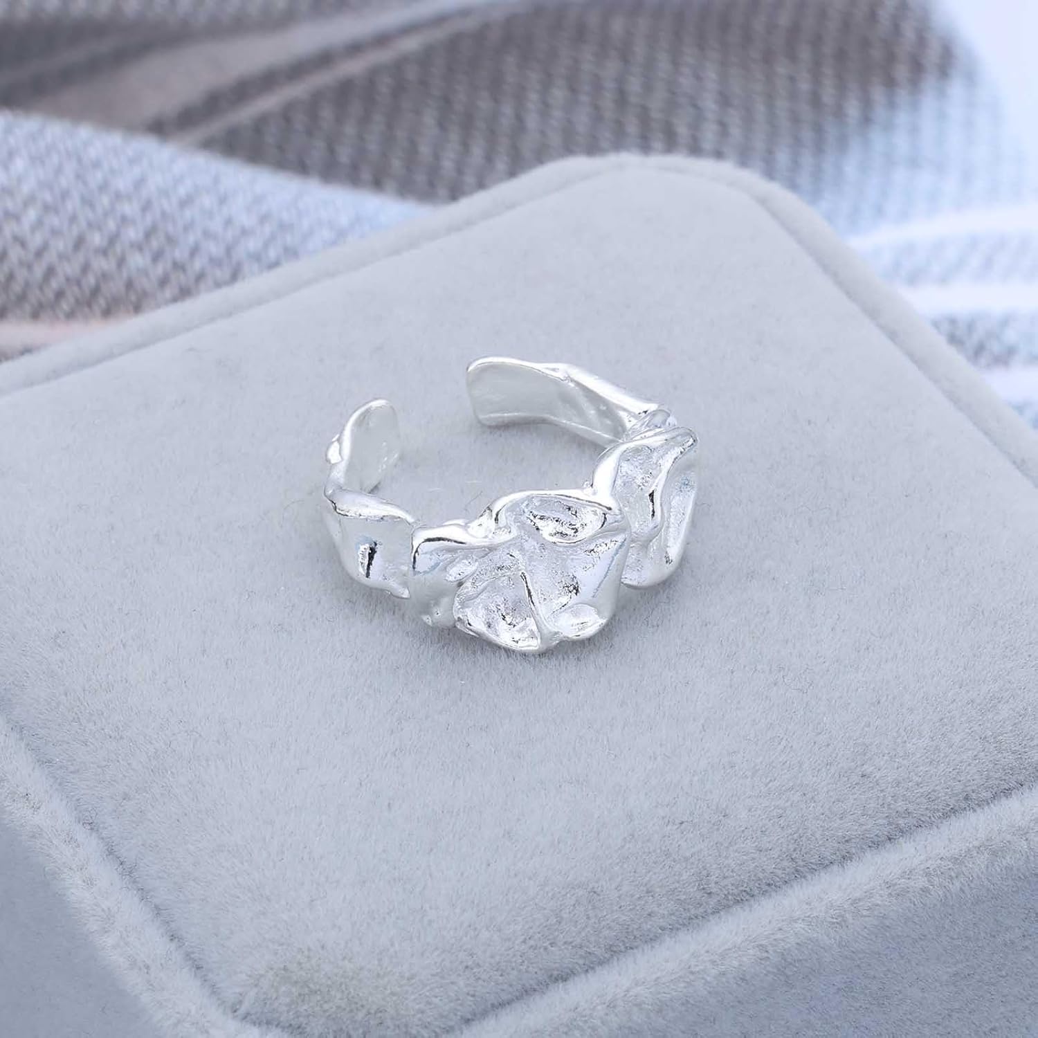 Vintage Hammered Silver Chunky Ring Silver Wrinkle Ring Abstract Wide Band Ring Punk Open Irregular Ring Adjustable Statement Ring Jewelry for Women - Image 7