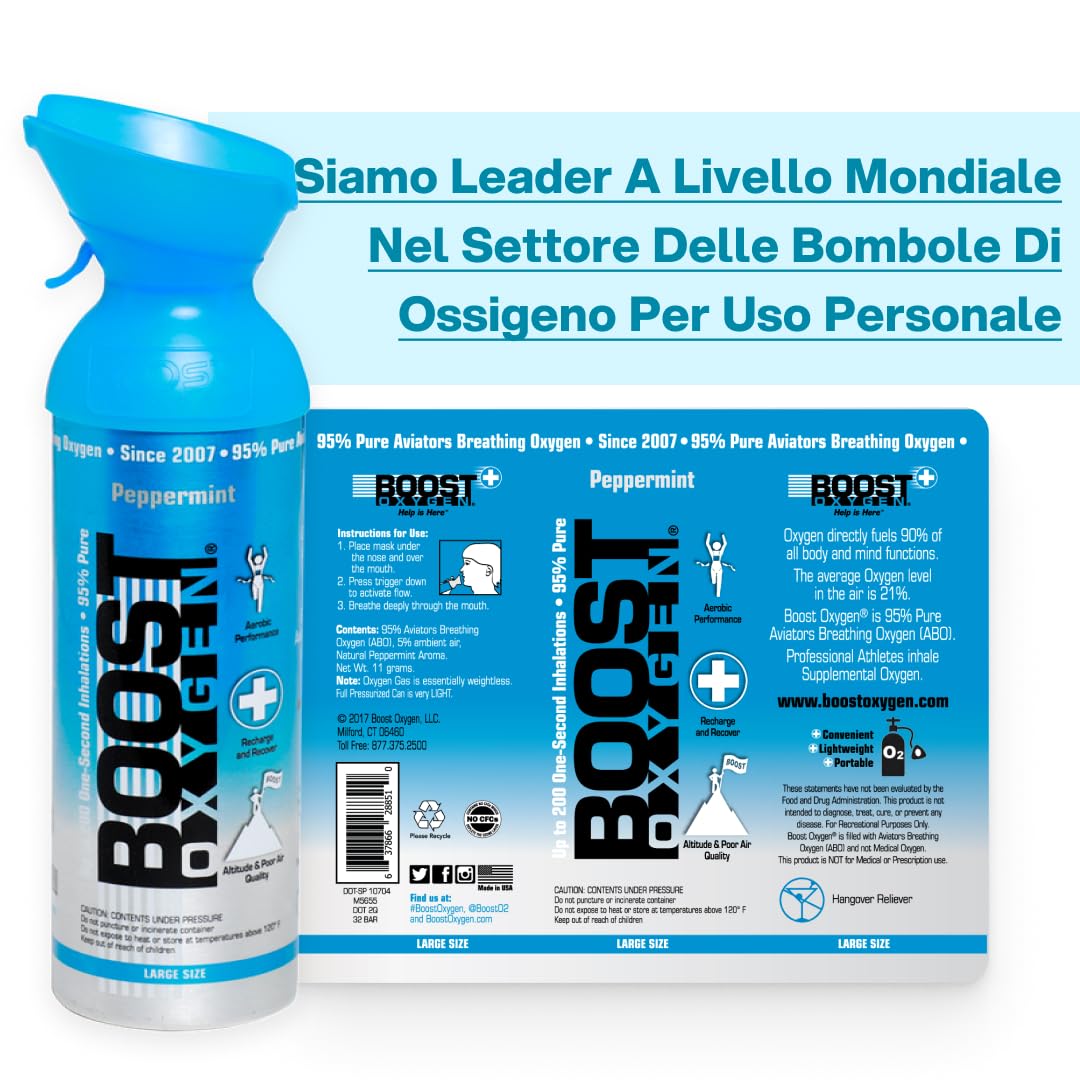 Boost Oxygen - Bombola di Ossigeno Portatile - Bomboletta di Ossigeno Puro e Naturale al 95% - Concentrazione, Recupero, Energia, Umore, Largo - 18Lt,2x9Lt (2x Pacchi - 300 Inalazioni)- Menta Piperita | Bomboletta di Ossigeno Puro al 95% Portatile per Rec