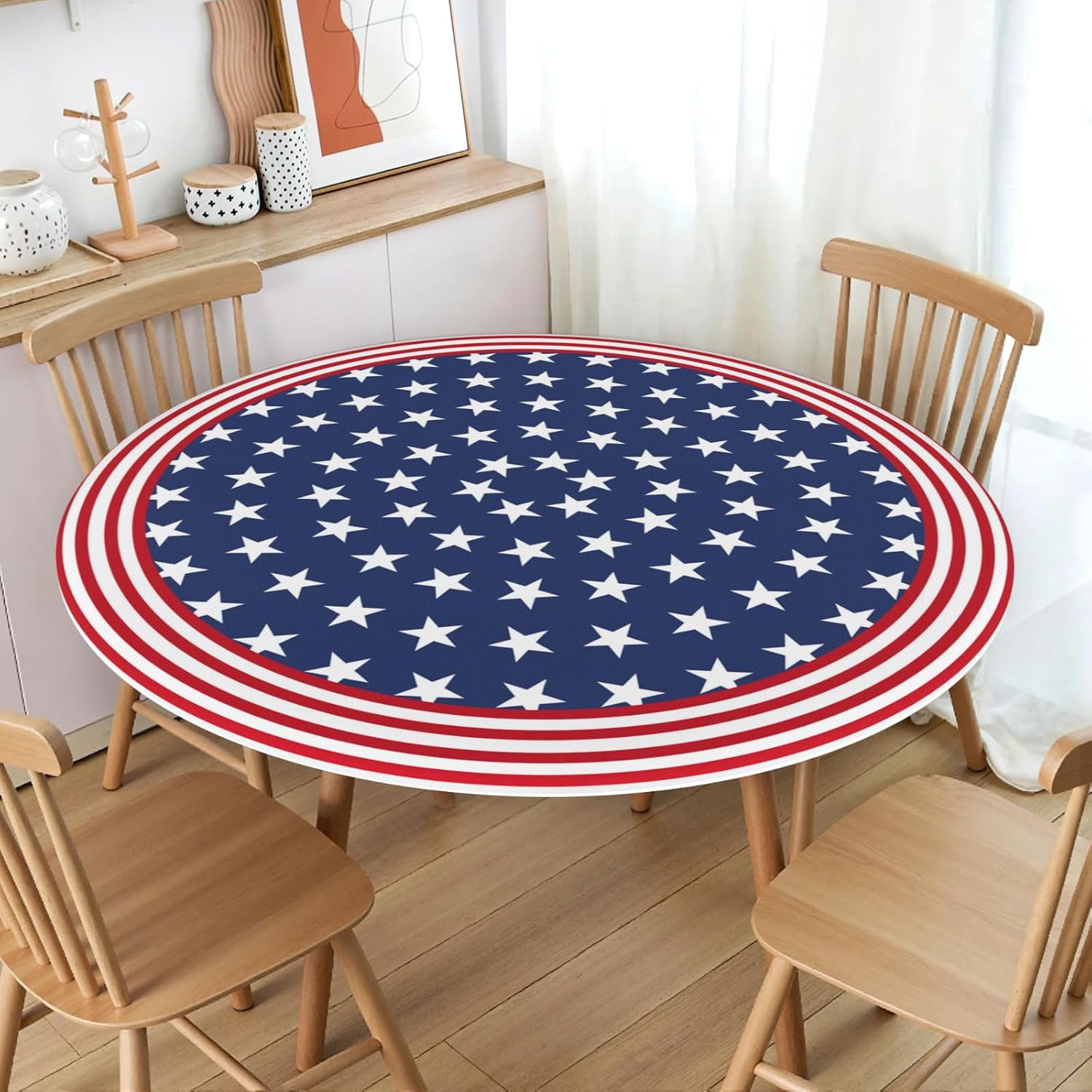 4th of July Round Fitted Tablecloth with Elastic Independence Memorial Day Patriotic Table Cloth Decorative Washable Red White Blue Star Stripe Table Cover Picnic Party Family Home for 40"-44" Table 43" (Round) Blue - Star Stripe