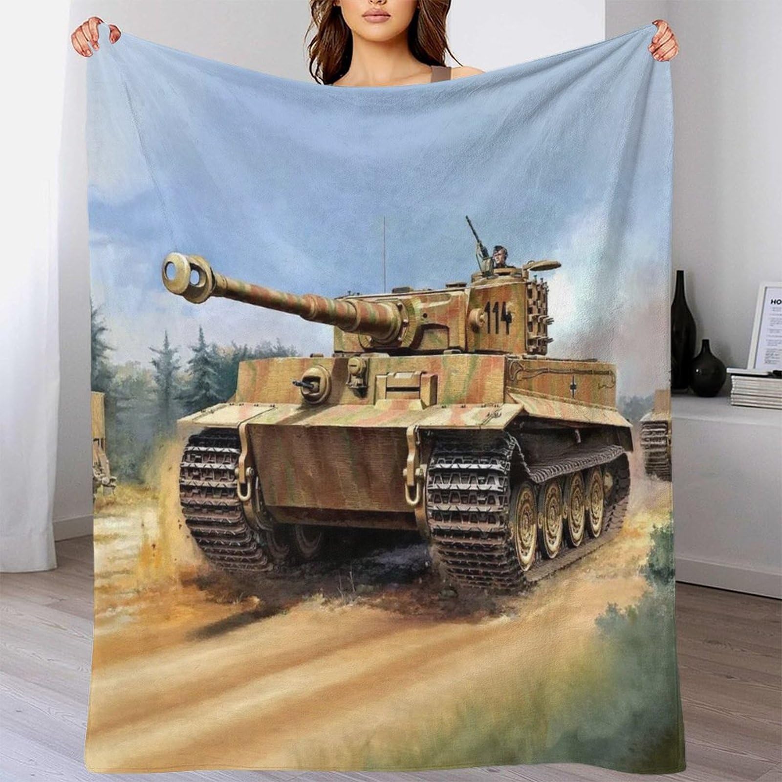 Przytulny koc 150 x 200 cm, lekki koc flanelowy, czołg z II wojny światowej, na kanapę, ciepły tygrys, koc polarowy, jako narzuta na kanapę, do salonu, podwójny koc o szerokim zastosowaniu