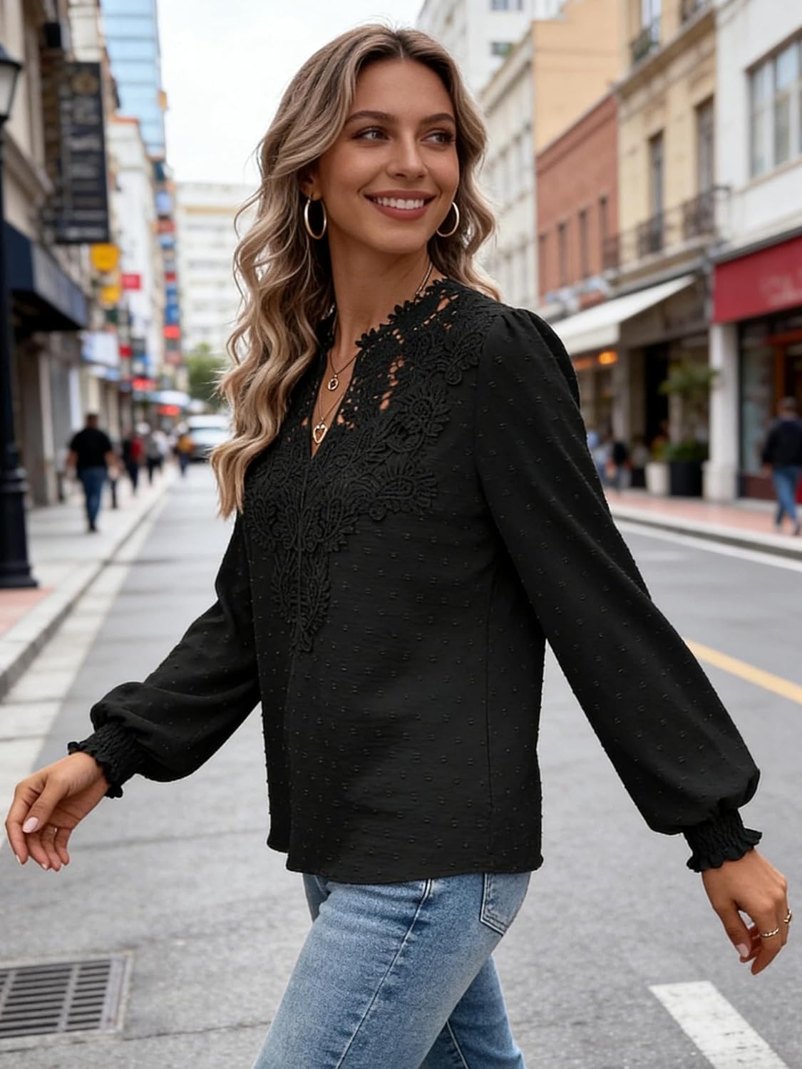 Women's V-Neck Flowing lace Fashion Solid Color Long-Sleeved Casual Trendy top - Image 3