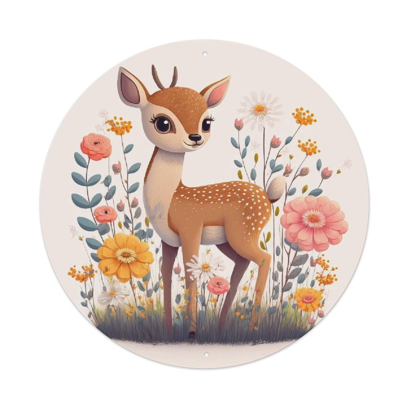 Cute Fawn Deer Floral Meadow Cartoon Animal Metal Tin Sign