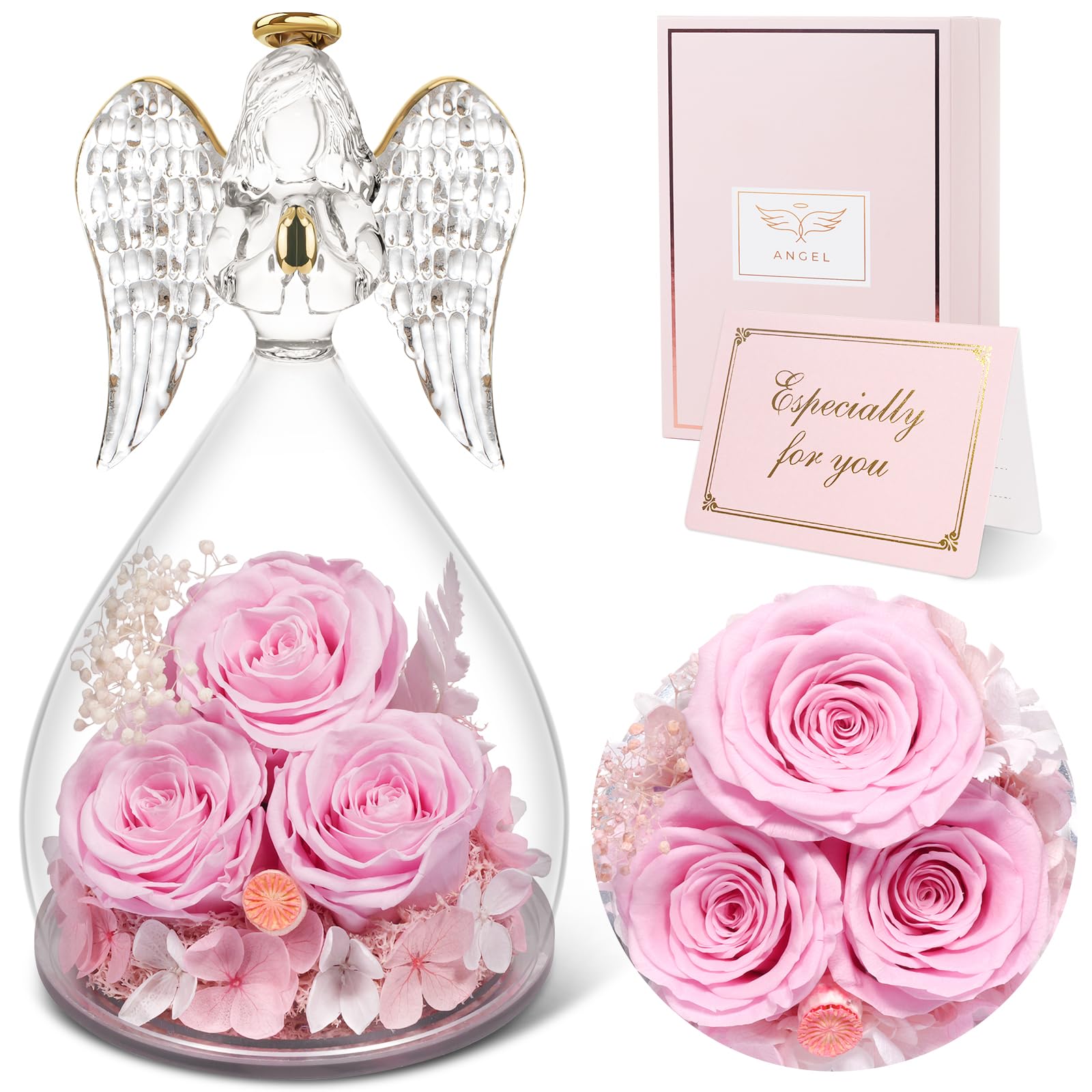 Rose éternelle cadeau maman et figurine d'ange gardien en verre