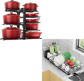 8-Tier Pots and Pans Organizer Rack for Cabinet 15.83" Height & Expandable Large Dish Drying Rack, Stainless Steel Anti-Rust Dish Rack for Kitchen Counter