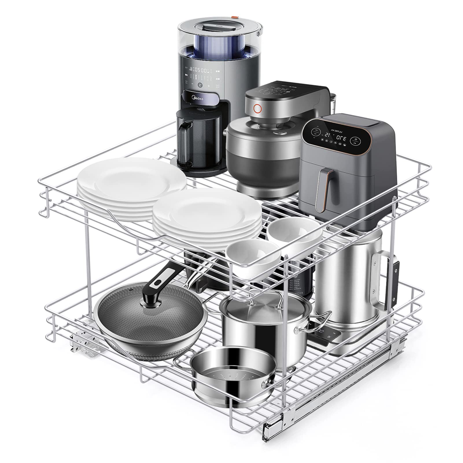 Fulgente Chrome Finish Pull Out Drawer Cabinet Organizer 2 Tier (20"W * 21"D) Cabinet Slide Out Shelves Wide Shelf Kitchen Cabinet Organizer Drawer Kitchen Pull Out Cabinet Shelves For Cabinets