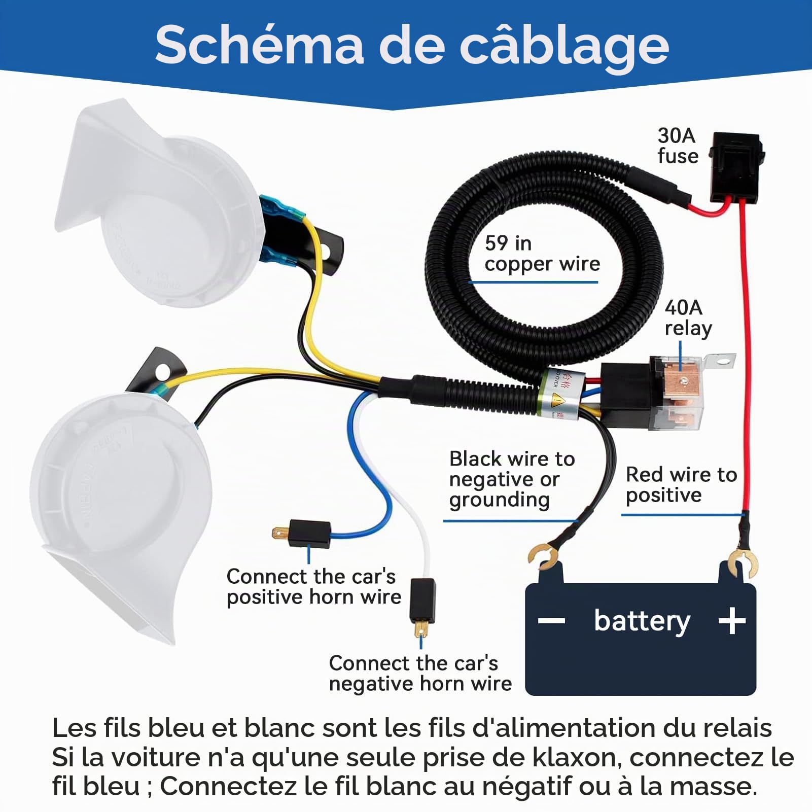 Kit de relais de faisceau de câbles de klaxon 12 V, klaxon à air comprimé monté sur calandre pour voiture et camion kit universel pour voiture camion et moto