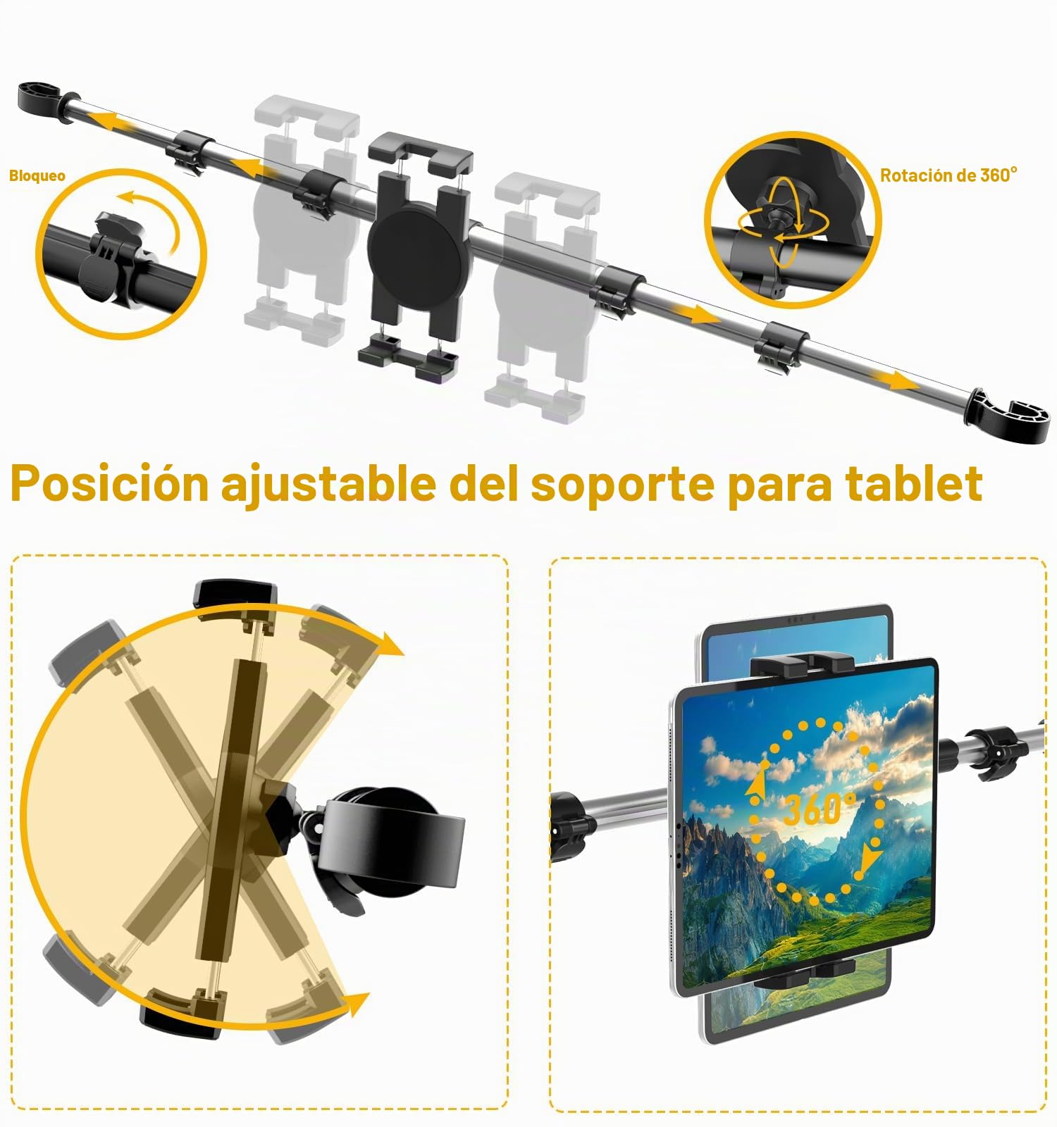 Soporte Reposacabezas Tablet Coche Central, Soporte Tablet Asiento Trasero con Brazo Telescópico de Aluminio para iPad Pro 9.7 10.5 12.9 Air Mini iPhone, 4-12.9" Tablets & Móvils