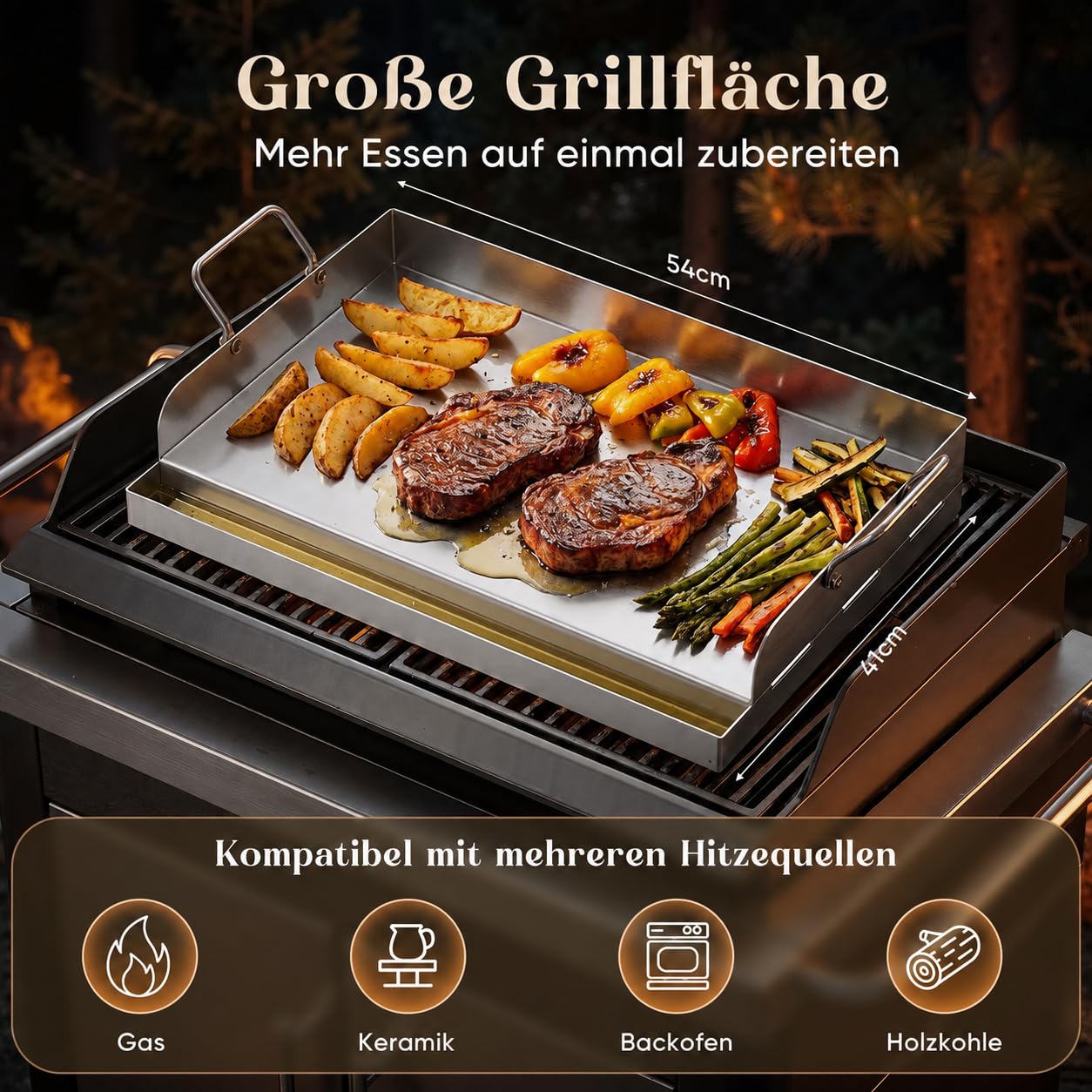 Edelstahl Grillplatte 54 x 41cm, Inkl. 2 Spatel