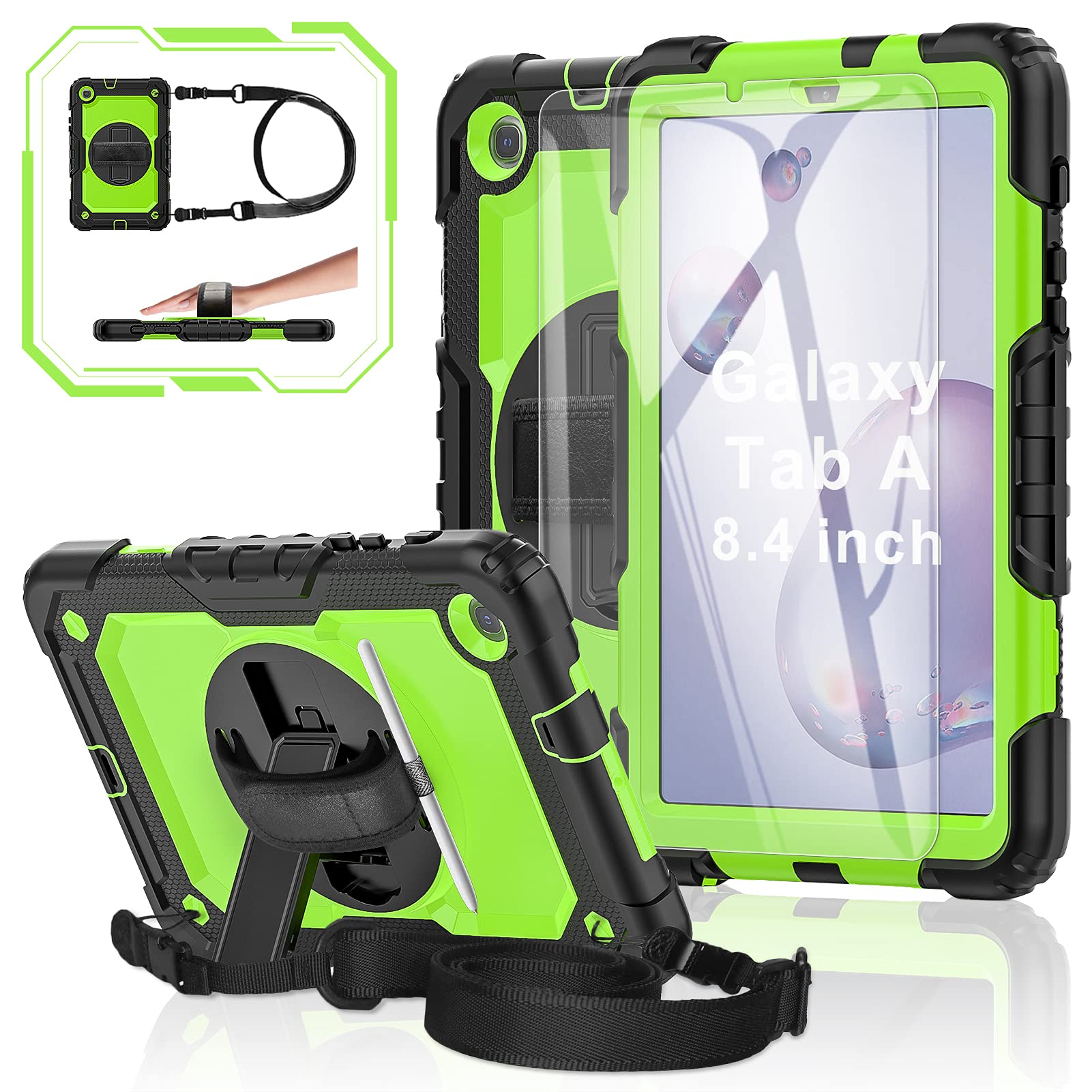 Samsung Galaxy Tab A 8.4 SM-T307/SM-T307U Case, BASE MALL [Kid Proof] Full Body Protective Case with 9H Tempered Glass Screen Protector, Rotating Kickstand/Hand & Shoulder Strap/S Pen Holder (Green)