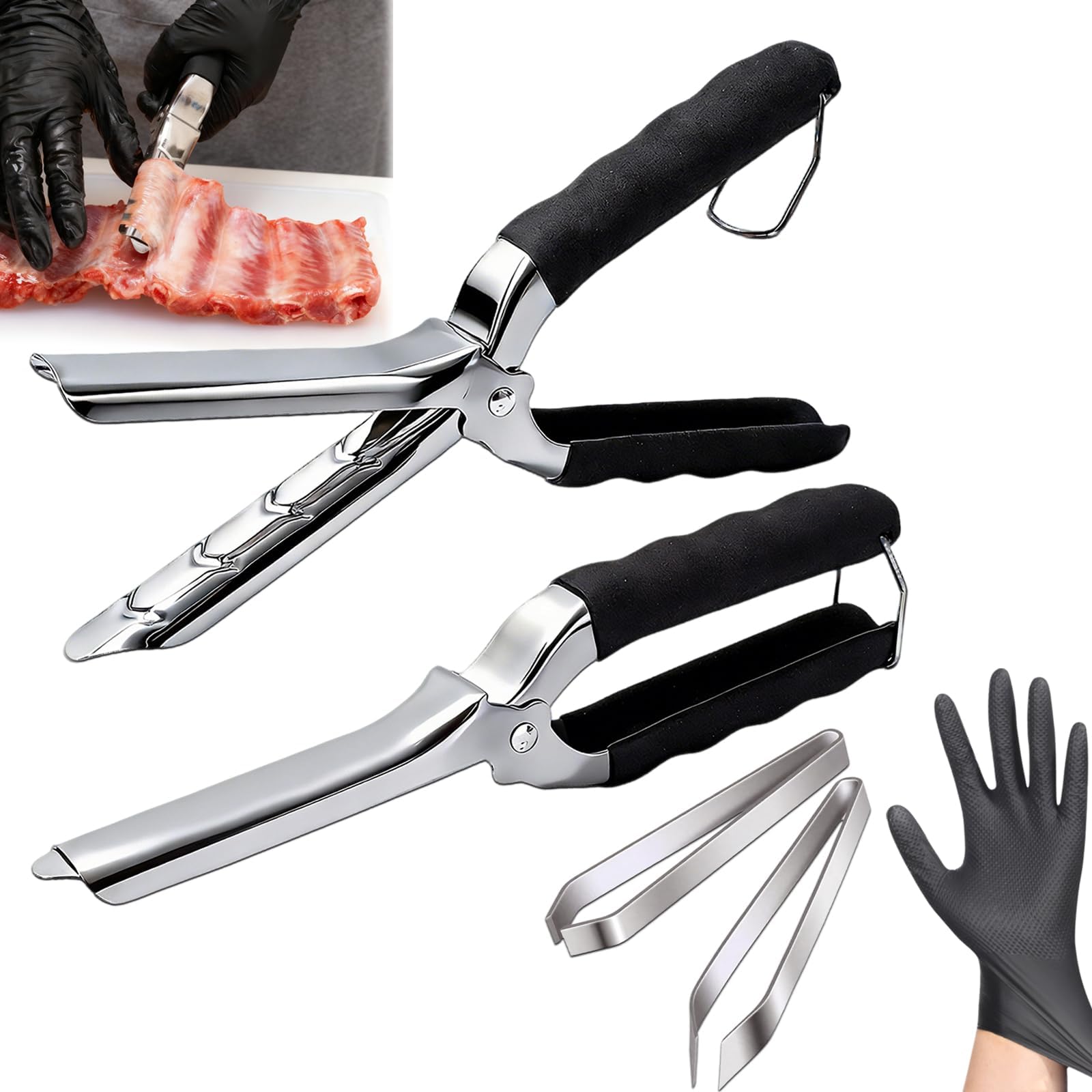 2Pcs Rib Membrane Removal Tools, Rib Prep Tool, Stainless Steel BBQ Rib Skinner with 2Pcs Tweezers Pliers and Gloves, for Easy Rib Skinner, Kitchen Gadgets for Barbecue Enthusiasts & Chefs