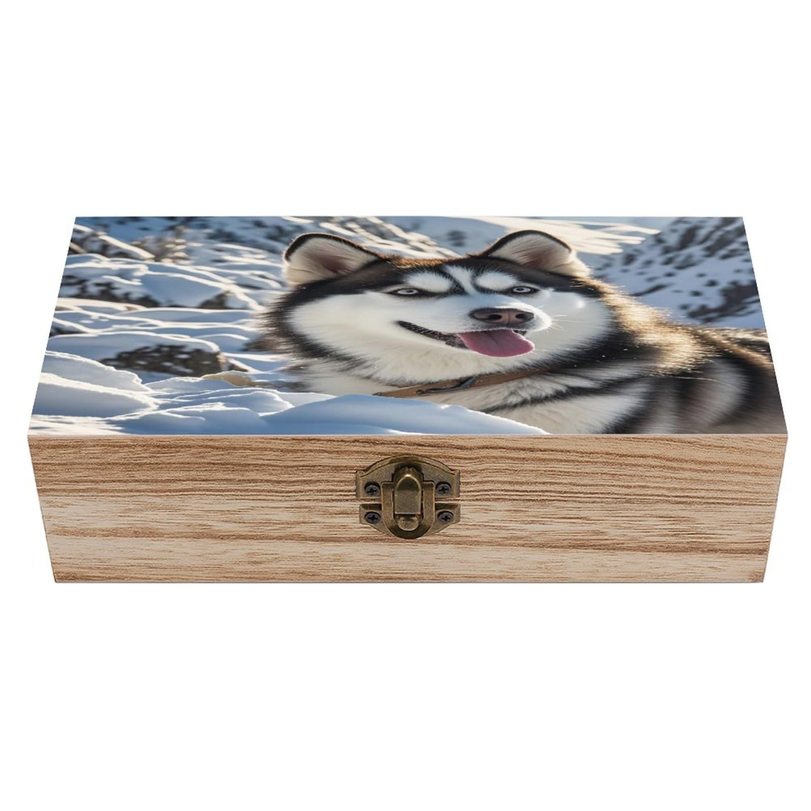 FekiLoot Adorable Huskies Wooden Jewelry Box Personalized Wood Keepsake Box Large Decorative Wooden Storage Boxes with Hinged Lid Rustic Style Wood Jewelry Organizer for Desk Home Office