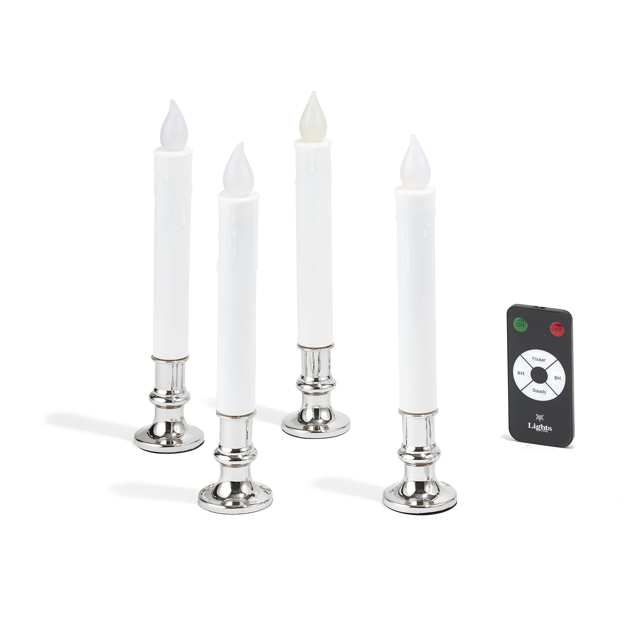 Amazon Com Lamplust Christmas Window Candle Lights Set Of 4 Flameless Taper Candles With Silver Bases Battery Operated Flickering Warm White Led 4 8 Hour Timer Remote Control Batteries Included Home Kitchen