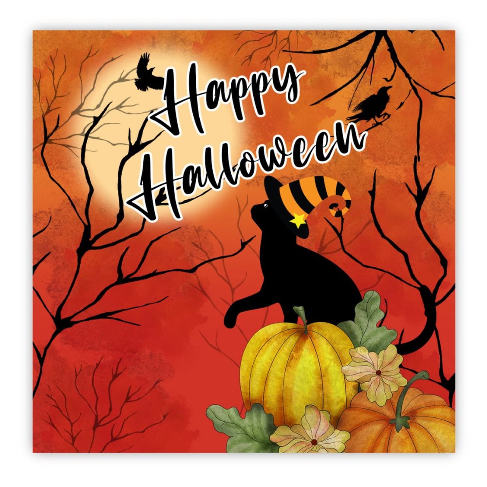 Panneau bois Happy Halloween chat et citrouille 30cm pour deco murale salon