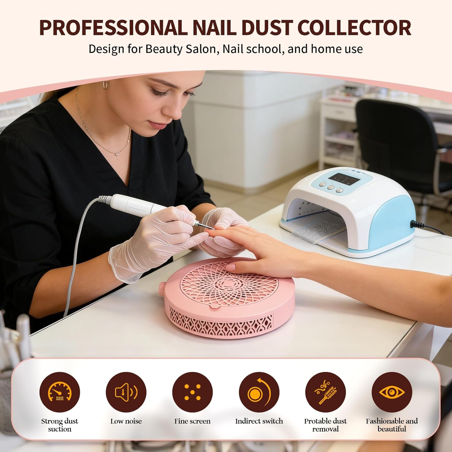 Cordless Nail Dust Collector, Portable Nail Fan Dust Collector with 10 Suction Modes, Nail Vacuum for Nail Tech, 30pcs Filters & Brush, Easy-Control for Acrylic Gel Nail Polishing Nail Tech Use (Pink)
