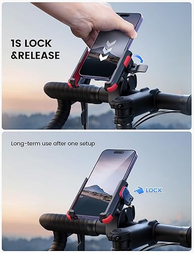 Miniatura 3 de Lamicall Soporte de teléfono para motocicleta, compatible con cámara, con bloqueo de 1s, abrazadera para manillar, clip de teléfono para bicicleta y