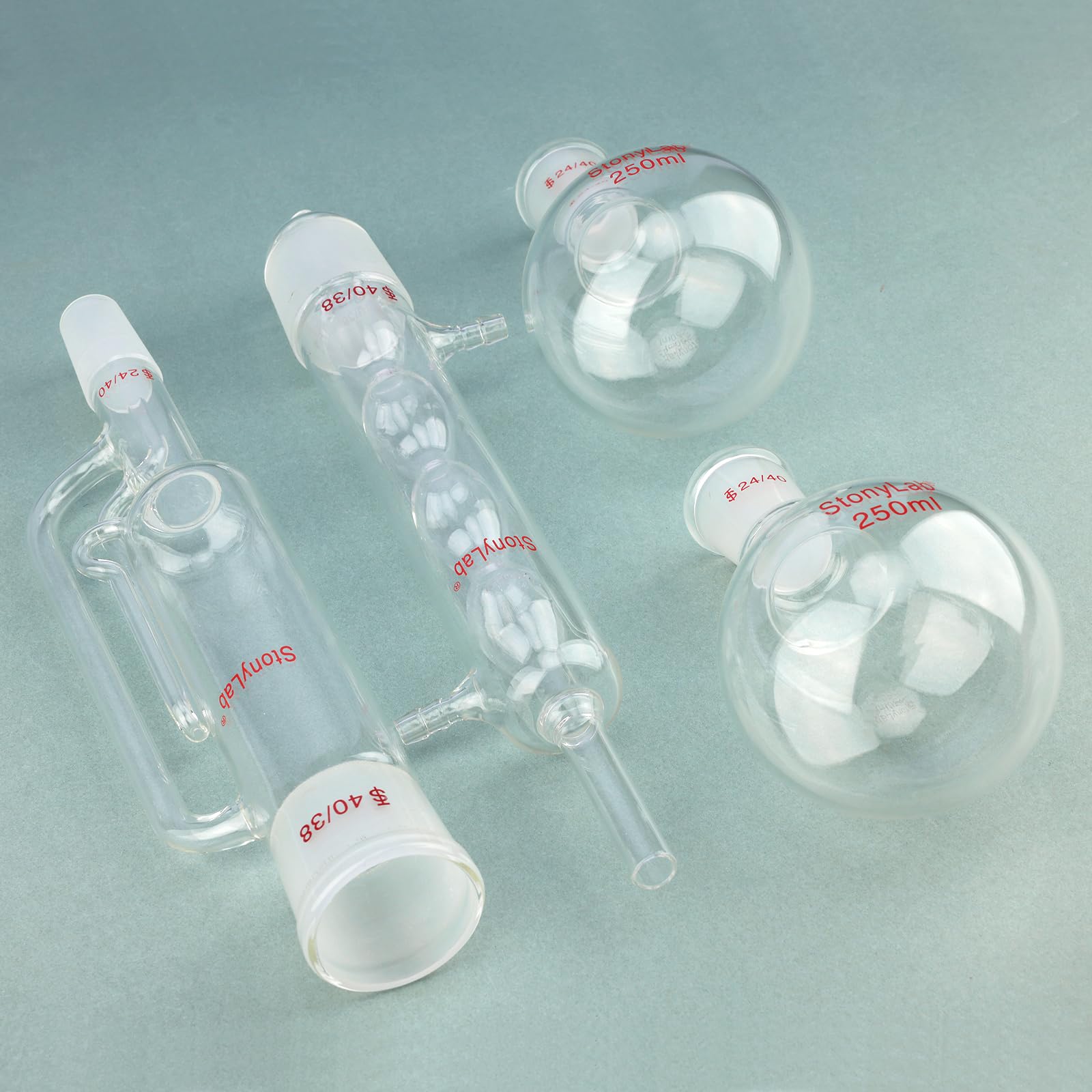 stonylab Apparecchio per Estrazione di Soxhlet in Vetro Borosilicato, 40/38 Estrattore Soxhlet e Condensatore Allihn con Due Palloni a Fondo Piatto 24/40 da 250 ml Essenziali Estrazione in Laboratorio