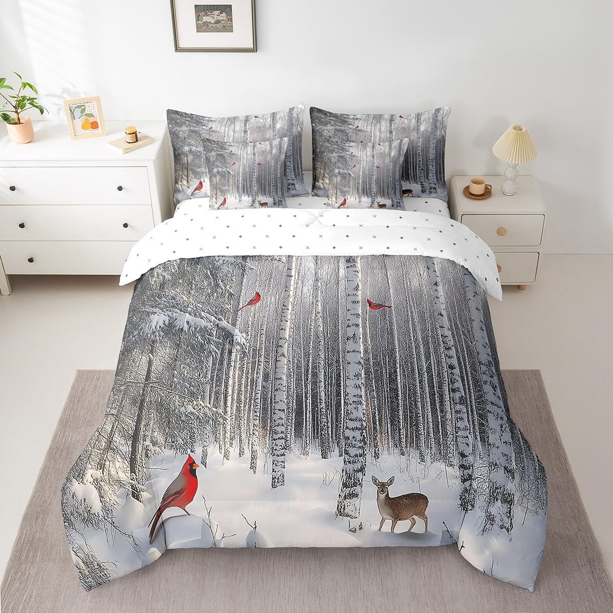 Erosebridal Xmas Bedding Set for Kids Teens,Christmas Cardinal Birds Reindeer Comforter Set Queen Size,Winter Snow (Comforter+Fitted+Flat Sheet+2 Pillowcases+2 Throw Pillow Covers) 7 Pieces Bed Set