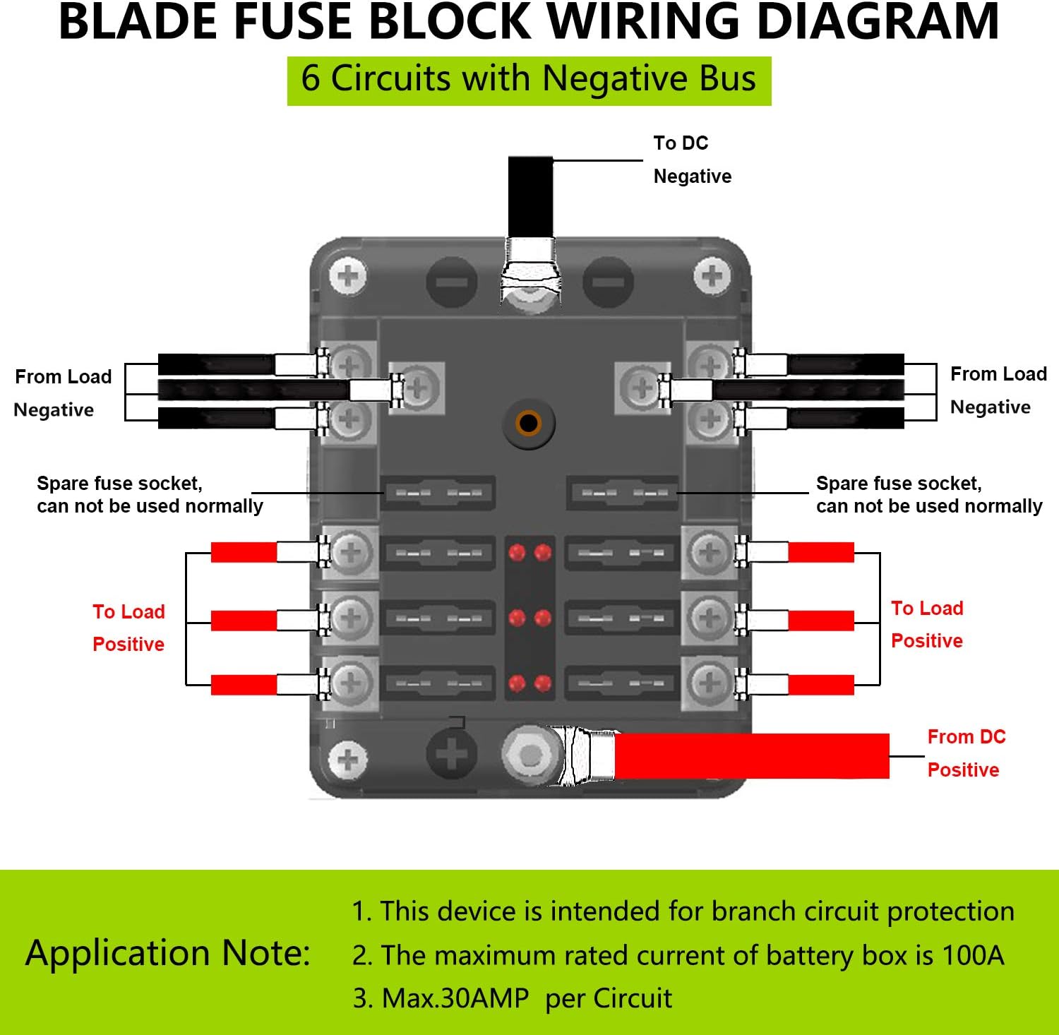 6 Way Fuse Block W/Negative Bus - ATC/ATO 6 Circuit Fuse Box with Ground, with Negative Bus & Protection Cover, Bolt Connect Terminals, 70 pcs Stick Label, for 12V/24V Vehicle Car Boat Marine Auto