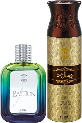 Ajmal Bastion EDP Woody Aromatic Perfume 100ml for Men and Wisal Dhahab Deodorant Fruity Floral Fragrance 200ml for Men+