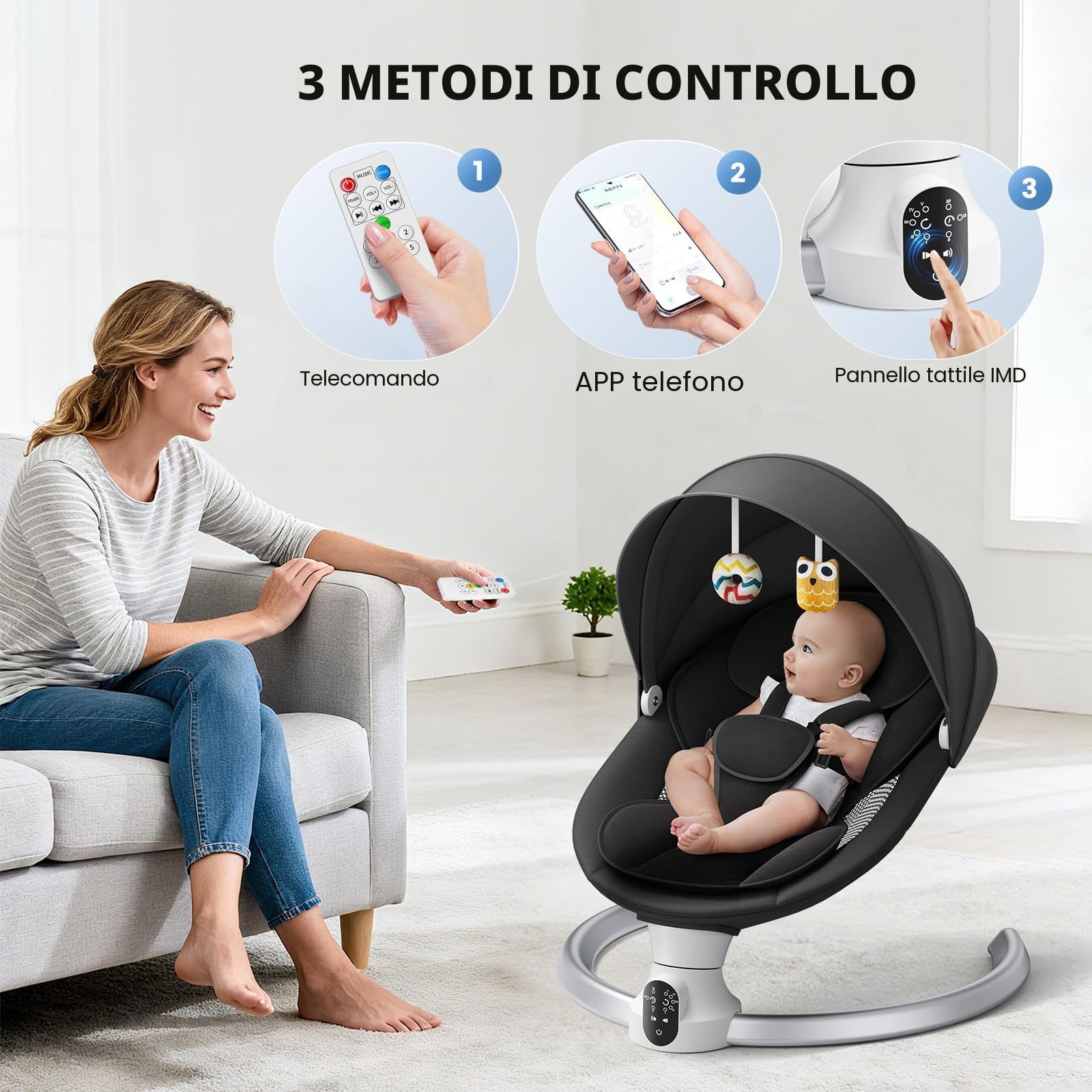 Sdraietta Neonati Elettrica - App e Telecomando Dondolo Bambina Elettrico con 3 timer, 5 Velocità di Altalena, 10 Musiche, Sdraietta Neonati Bluetooth Imbottita Morbida Baby (APP Nero)