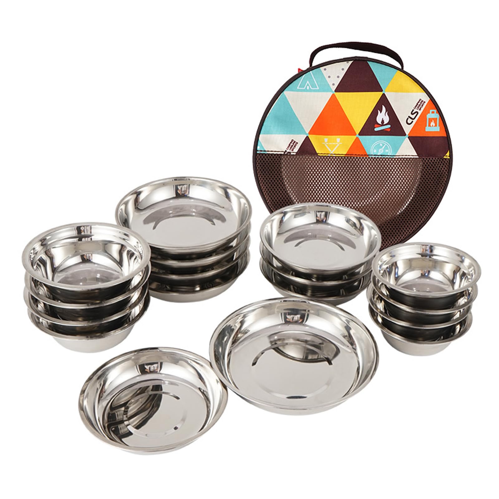 Juego de vajilla de acero inoxidable para camping (17 piezas), paquete familiar con tazones, platos y bolsa de transporte portátil. Ligero, perfecto para camping, senderismo, picnics y viajes