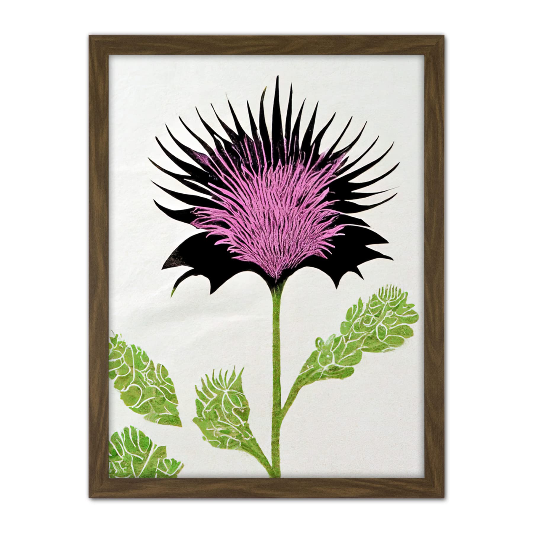 Doppelganger33 LTD Linocut Scottish Thistle Abstract Wildflower Artwork Framed Wall Art Print 18X24 Inch