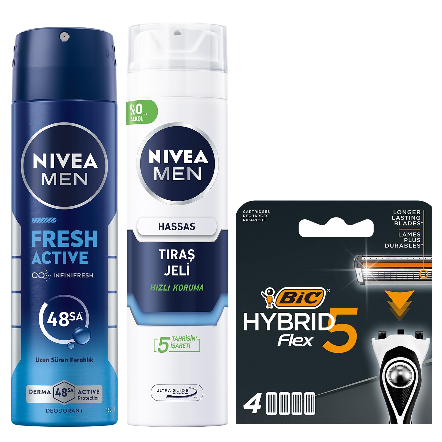 NIVEA MEN Erkek Sprey Deodorant Fresh Active 150ml + Tıraş Jeli 200 ml + BIC Hybrid 5 Flex 4'lü Yedek Tıraş Bıçağı Kartuşu (5 Bıçak)