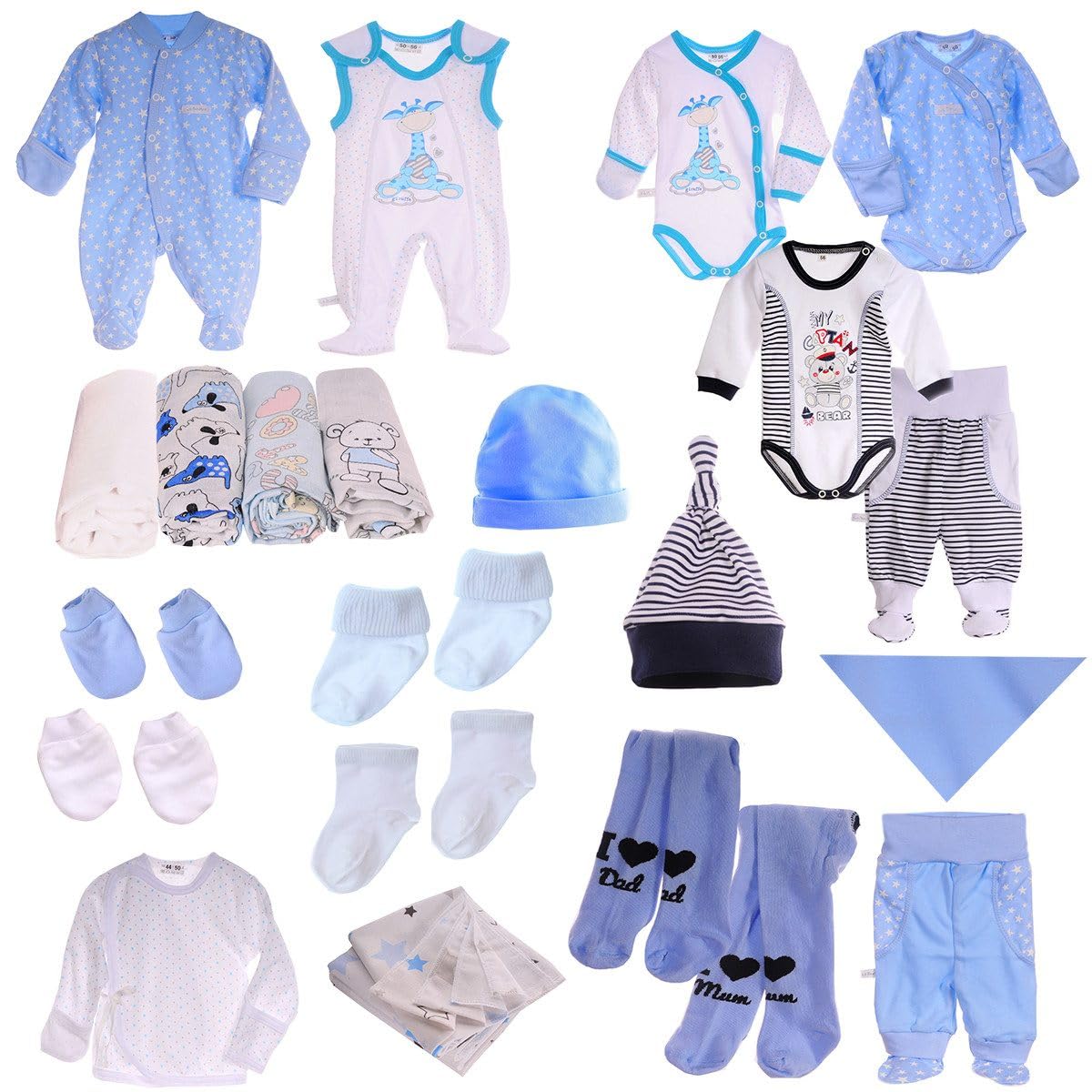 Erstausstattungspaket Baby Set 22 Teile Body Hose Strampler Strumpfhosen Shirt Socken Bekleidung für Jungen Neugeborene Weich Hautfreundlich Bequem Geschenk Geburt Babyparty Praktisch