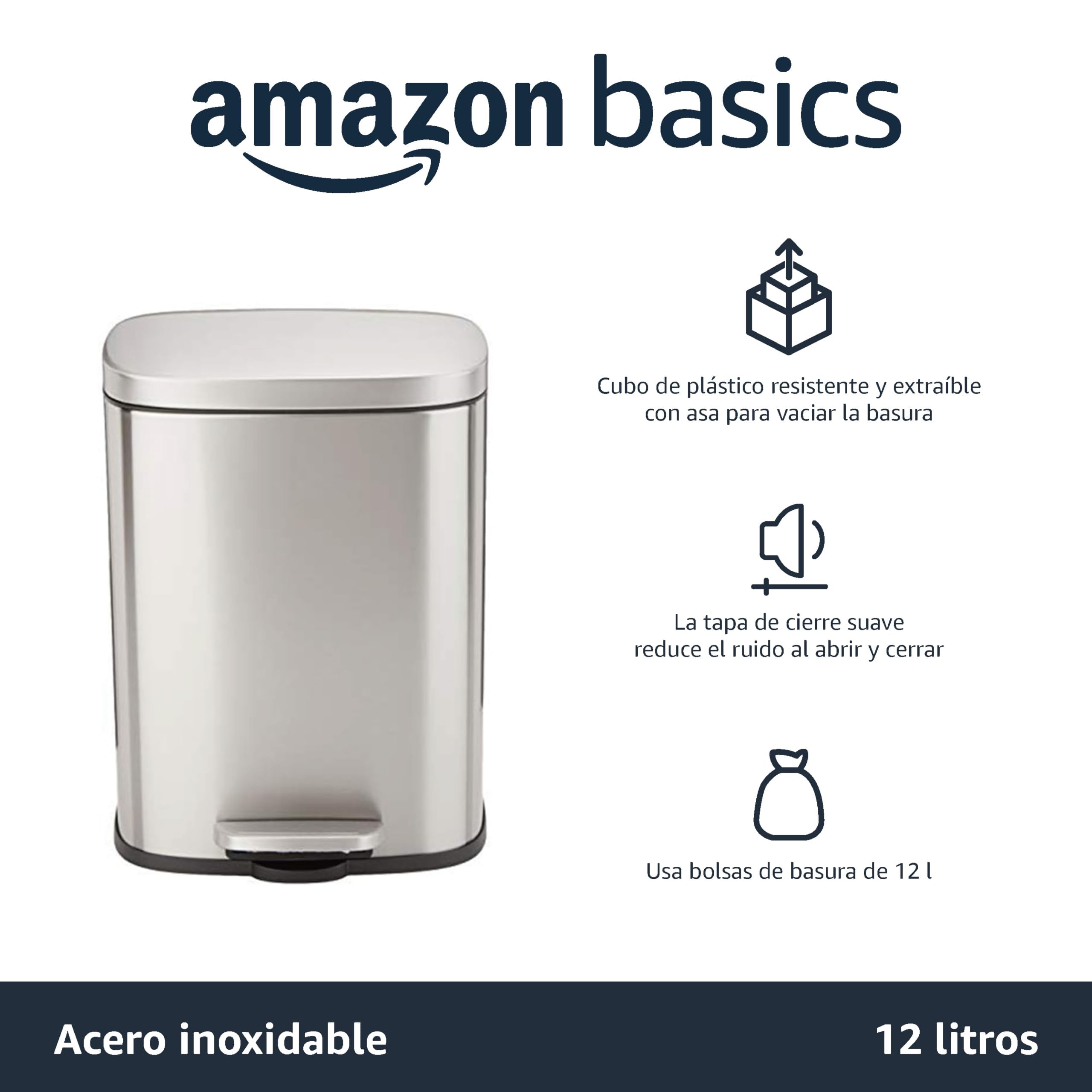 Amazon Basics Cubo de basura rectangular pequeño antimanchas con pedal suave, baño, dormitorio o salón, acero inoxidable cepillado y níquel satinado, 12 l, 28,7 x 25,15 x 38,35 cm (l. x an. x alt.)