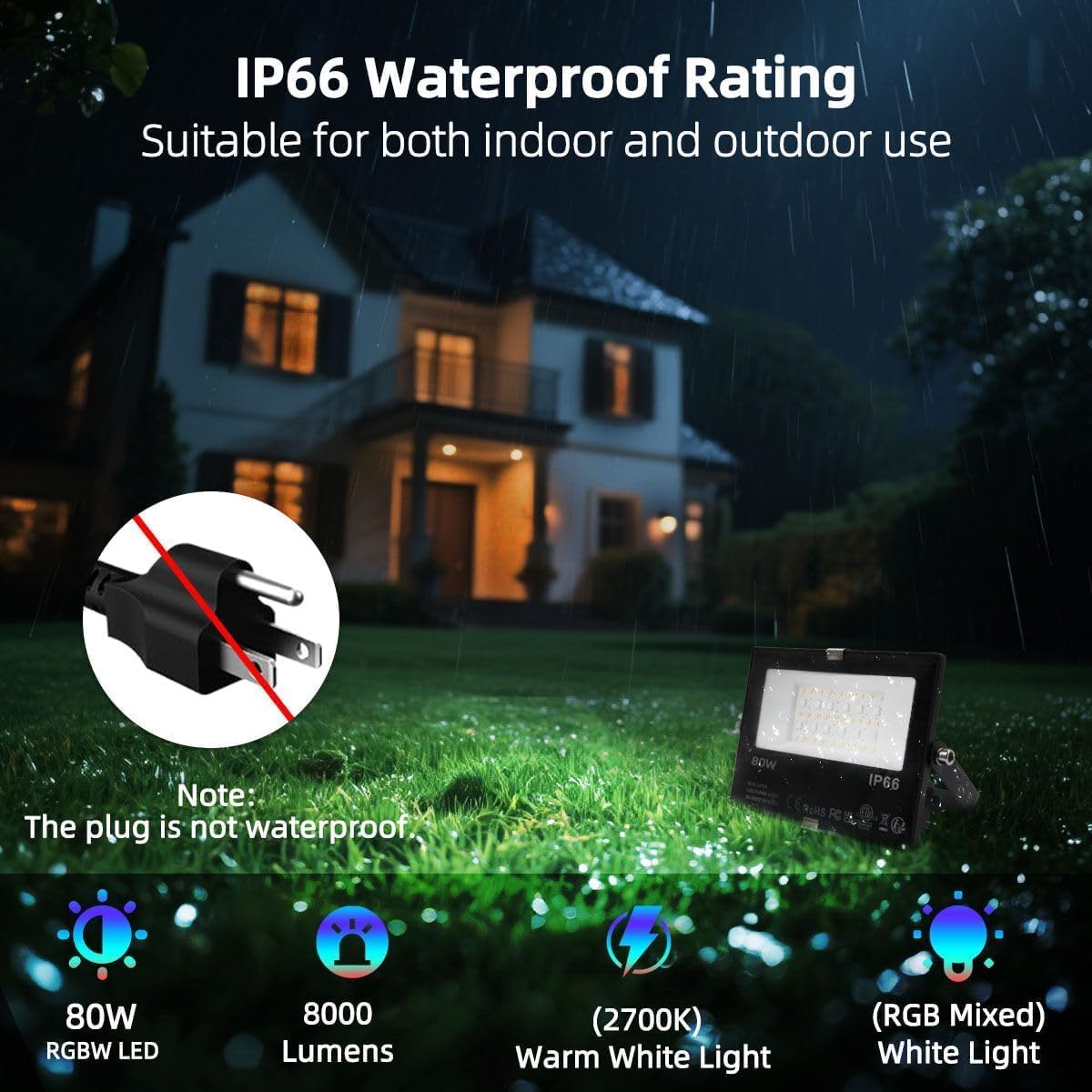 ILC LED Flood Light 80W, 8000LM, Outdoor RGB Color Changing, Smart Floodlights RGBW 2700K Warm White & 16 Million Colors, 20 Modes, Grouping, Timing, IP66 Waterproof (2 Pack)