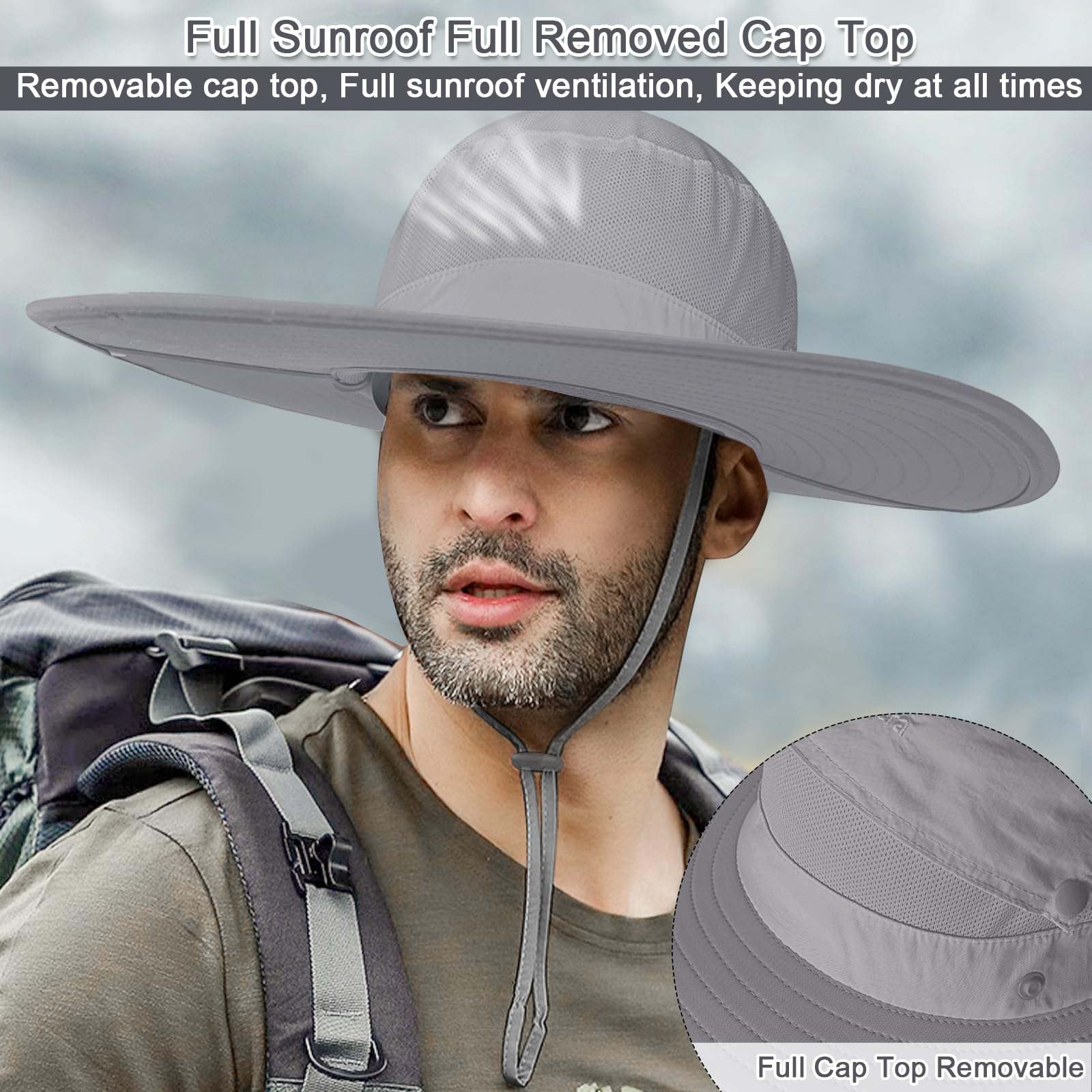 Lot de 2 chapeaux de soleil à large bord pour homme et femme, chapeau cloche UPF 50+, pliable, imperméable, respirant pour la pêche, la randonnée, le camping (gris clair), Lot de 2 gris clair, taille