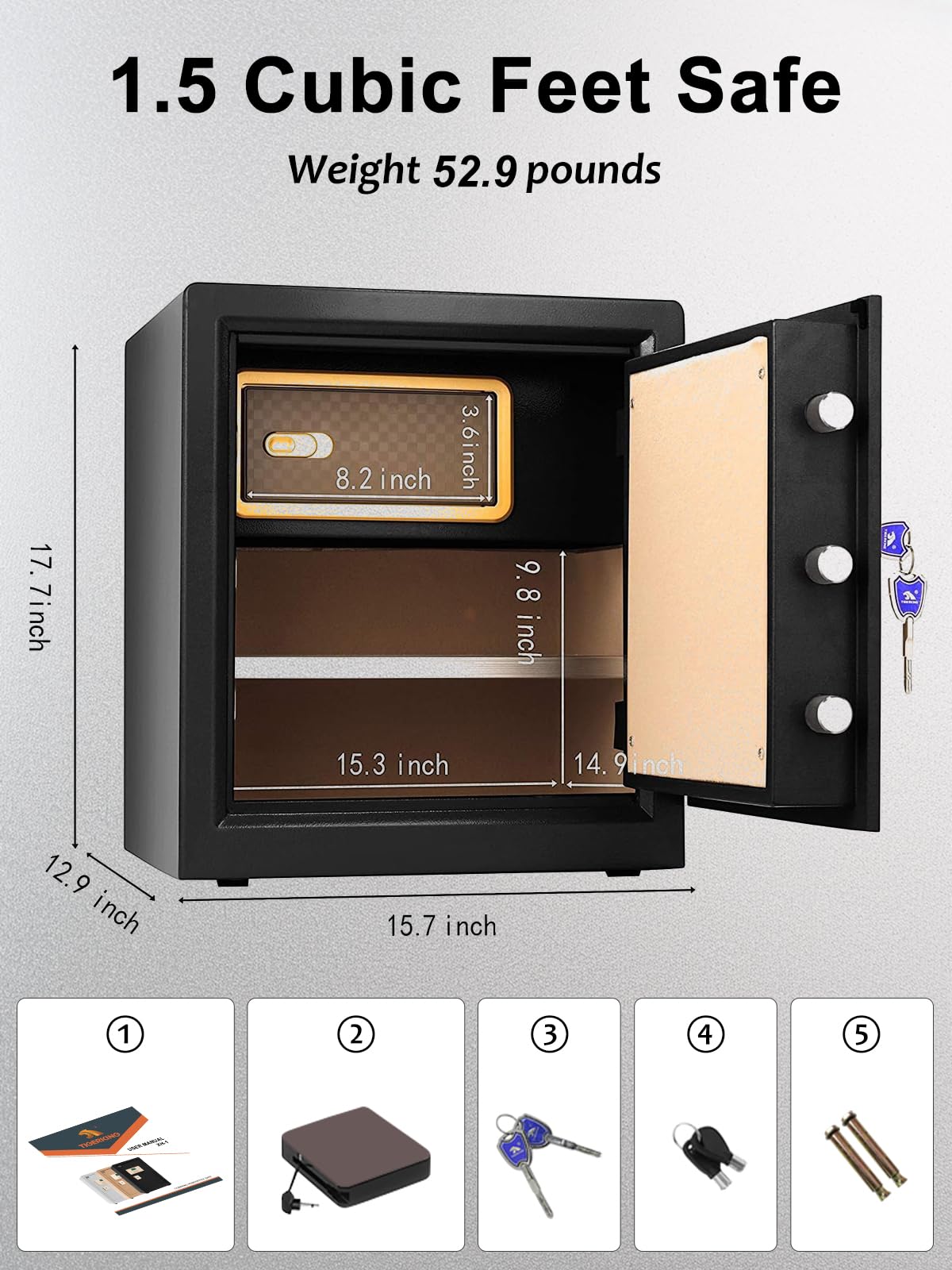 TIGERKING 5.9 Cu.ft Large Heavy Duty Safe Box, Big Home Security with Double Safety Key Lock, Adjustable Shelves, Anti-Theft Alarm System, Removable Wheels, Ideal for Home Office, Black: TIGERKING Safe Box,1.5 Cubic Feet Big Home Safes with Digital Lock for Home and Office