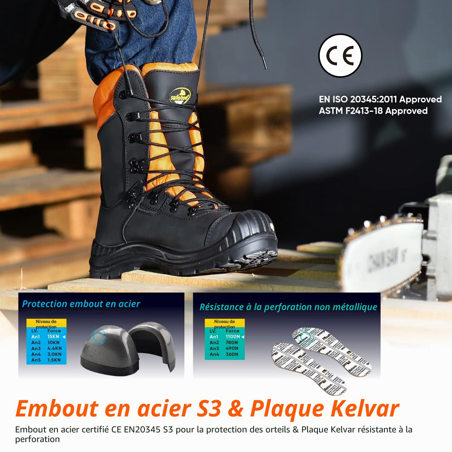 SAFETOE Bottes de protection de sécurité pour tronçonneuse Classe 1 avec bout en acier véritable de vache robuste Cuir à mémoire de forme Semelle intérieure en mousse à mémoire de forme Coupe sur bois