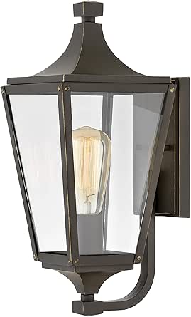 Hinkley Jaymes Medium Wall Mount Outdoor Lantern, Aluminum, Clear Glass Panes, Rivet Details, Cast Finials, Oil Rubbed Bronze Finish