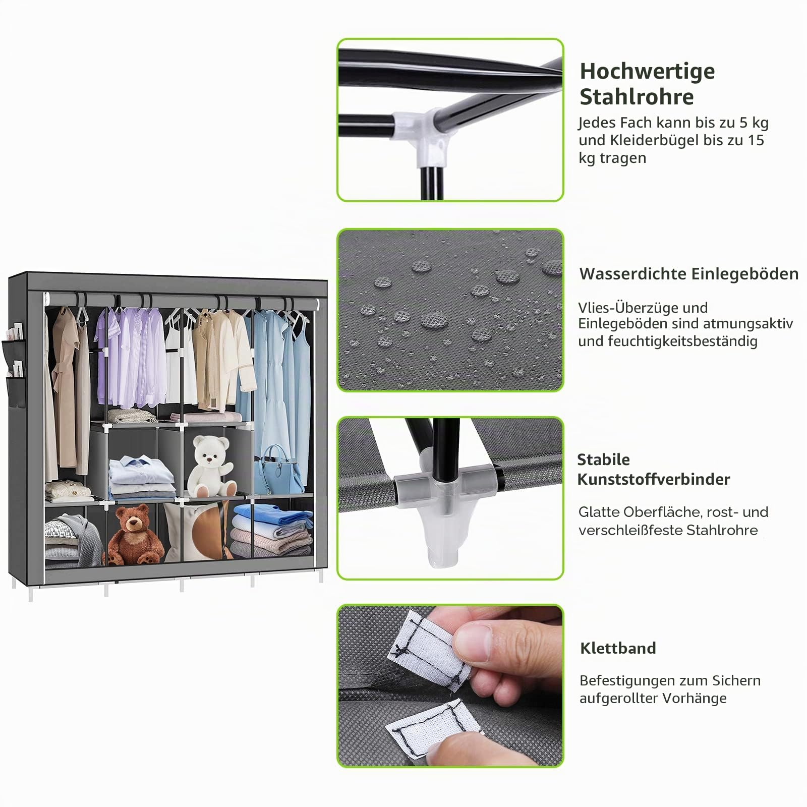 HUOLE Kleiderschrank Einfach aus Stoff Faltschrank Stoffschrank Furniture Bedroom Wardrobes-167 * 45 * 170cm – dunkelgrau