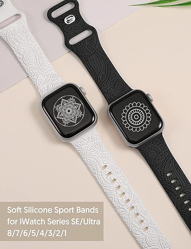 Miniatura 4 de 2 Packs Boho Engraved Bands Compatible with Apple Watch Bands 41mm 40mm 38mm 45mm 44mm 42mm 49mm Women Girls Men, Silicone Sport Fancy Dressy Cute