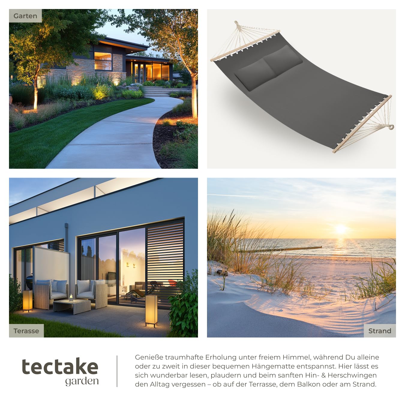 tectake® Doppel Hängematte Outdoor, XXL Stoff Schaukeltuch, Sonnenliege 2 Personen inkl. Kissen, Schaukel Outdoor mit Liege Fläche ca. 230x145cm, bis 240kg belastbar, Hängeschaukel - dunkelgrau